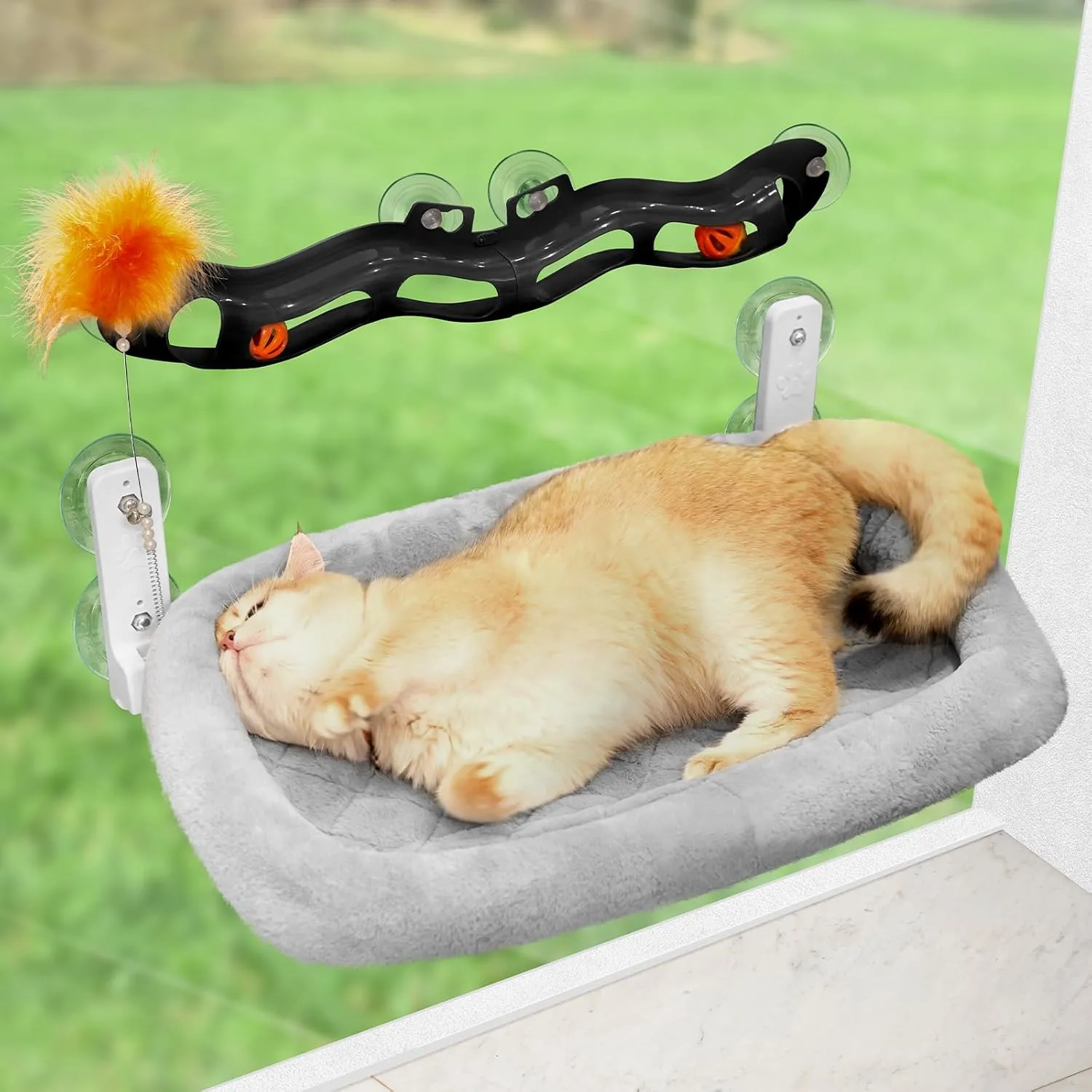 Odoland Cat Window Perch Hammock with Adsorption Tunnel Balls Toy - Large Cats Bed with Metal Frame & Suction Cups - Machine Washable Kitten Bed Front and Back Installation for Summer and Winter