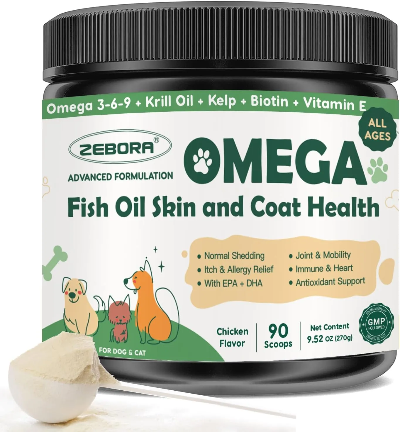 Omega 3 Fish Oil for Dogs, Dog Fish Oil Powder, Wild Caught Fish Oil, EPA&DHA, Krill Oil, Kelp, Skin and Coat Supplement, Anti Itch & Shedding, Support Dry Skin, Joint Health, Dog Allergy Relief