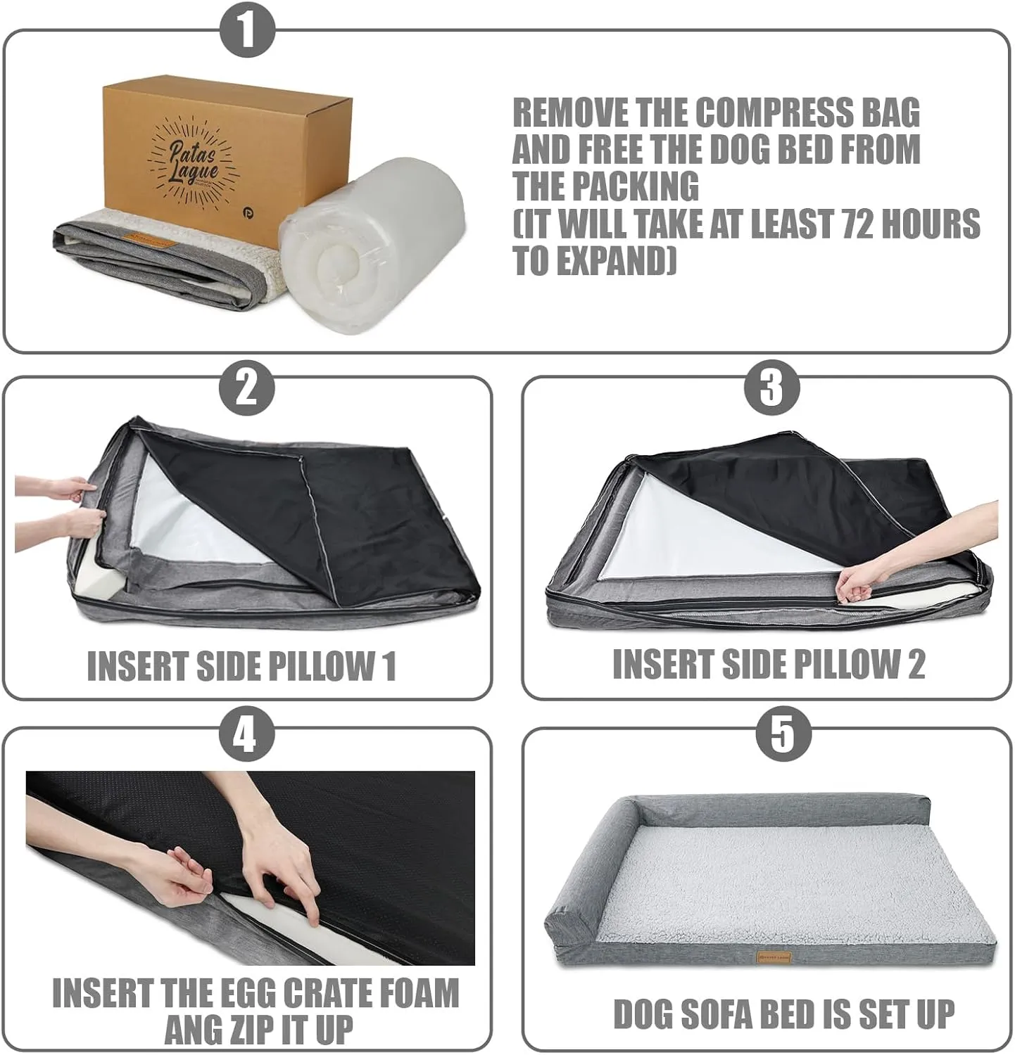 Patas Lague Orthopedic Dog Bed for Large Dogs, Waterproof L Shaped Large Pet Sofa Beds with Removable Washable Cover, Soft Comfortable Pet Couch Mat with Nonskid Bottom, 36''X24'' Black