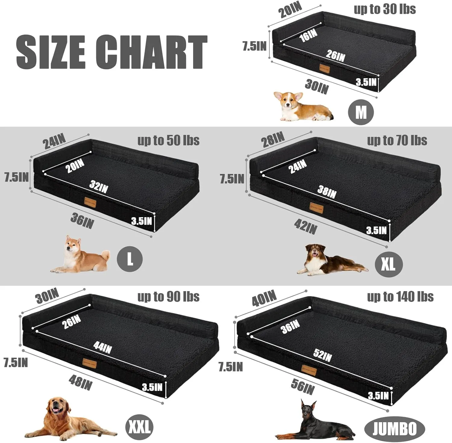 Patas Lague Orthopedic Dog Bed for Large Dogs, Waterproof L Shaped Large Pet Sofa Beds with Removable Washable Cover, Soft Comfortable Pet Couch Mat with Nonskid Bottom, 36''X24'' Black