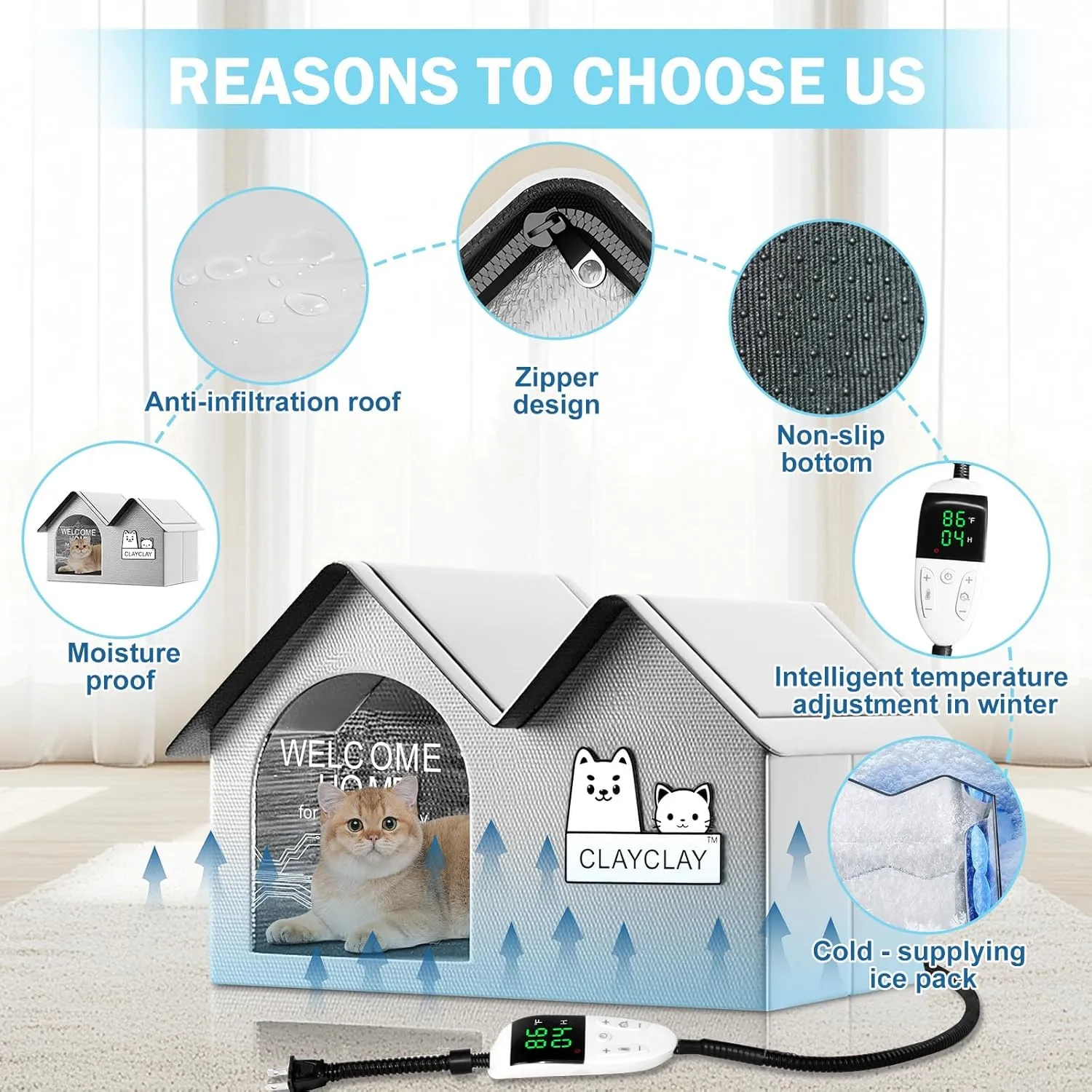 Pet Cooling House with Air Conditioning 10 Ice PacksSummer Shelter for Indoor Outdoor Feral Cats & Small Dogs with Winter Heating PadSuitable for All Seasons