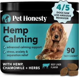 Pet Honesty Natural Hemp Calming Chews for Dogs - Dog Anxiety Relief - Calming Aid Supplement with Valerian Root, Chamomile,   Magnesium - Stress, Separation & Thunder Support - (Beef Liver, 90 Count)