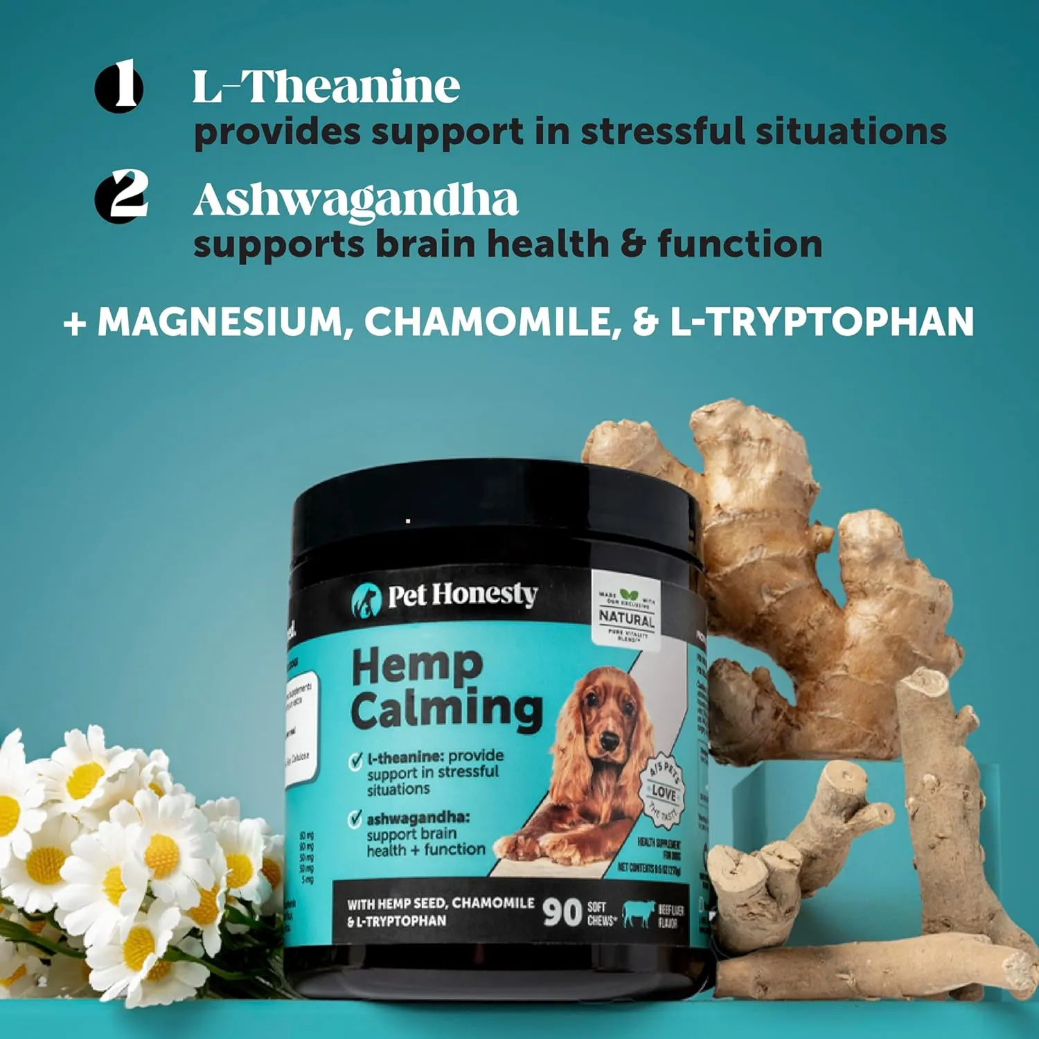 Pet Honesty Natural Hemp Calming Chews for Dogs - Dog Anxiety Relief - Calming Aid Supplement with Valerian Root, Chamomile,   Magnesium - Stress, Separation & Thunder Support - (Beef Liver, 90 Count)