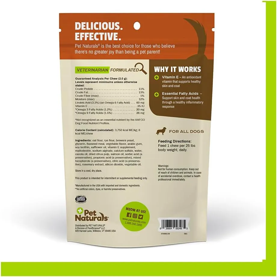 Pet Naturals Skin and Coat for Dogs with Dry, Itchy and Irritated Skin, 30 Chews - Salmon Oil, Vitamin E and Flax Oil - No Corn or Wheat - Vet Recommended