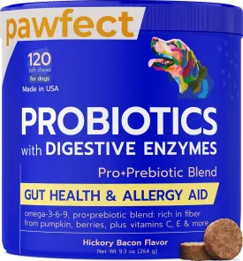 Pet Probiotics for Dogs & Digestive Enzymes for Dogs | Gut Health & Digestive Function Support | Pumpkin & Omega | Prebiotic Supplement Chews