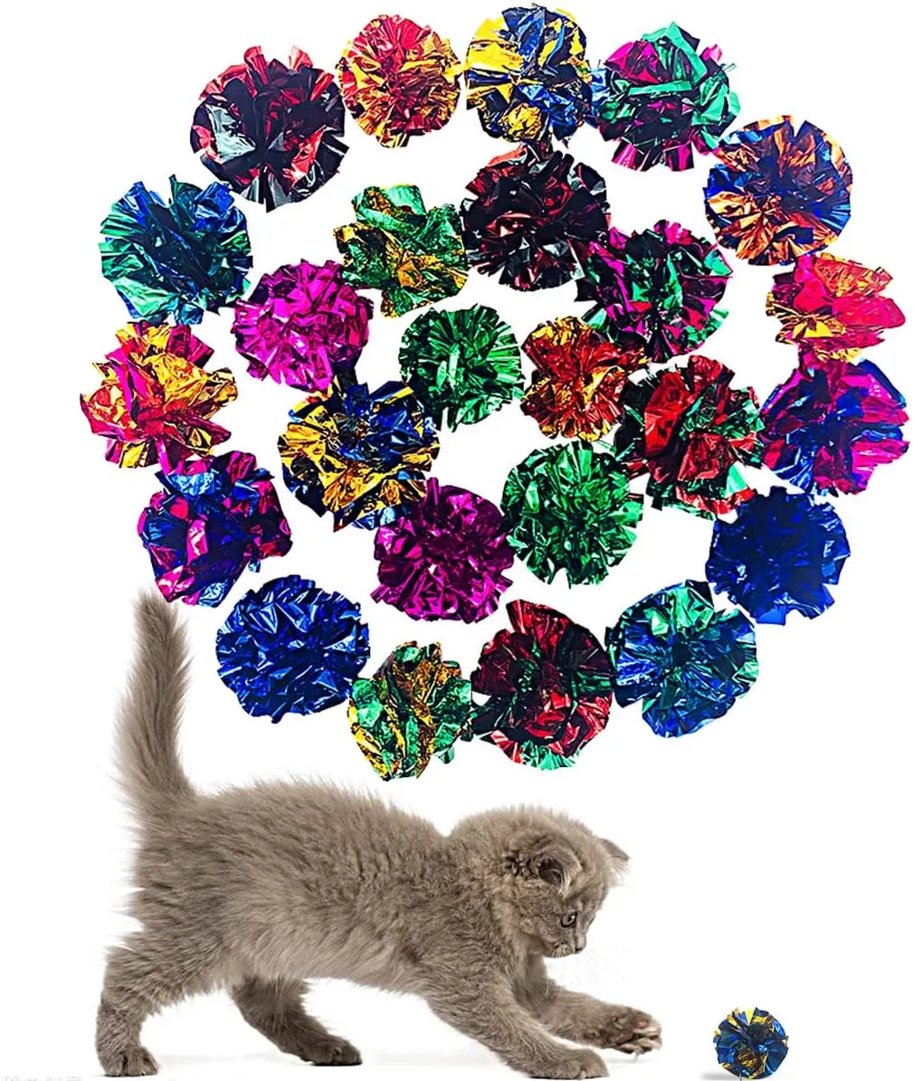 PET SHOW 20 Pcs Cat Crinkle Toy Ball 2.5inch Mylar Cat Pounce Chase Toys Colorful Paper Ball Chase Training Activity for Cats Kittens