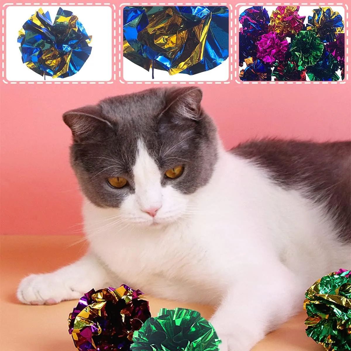 PET SHOW 20 Pcs Cat Crinkle Toy Ball 2.5inch Mylar Cat Pounce Chase Toys Colorful Paper Ball Chase Training Activity for Cats Kittens