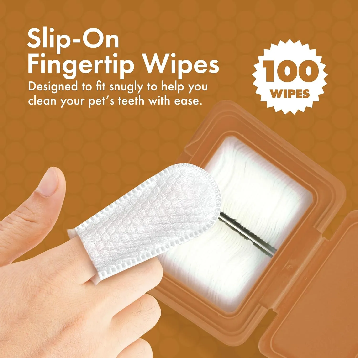 Petkin Fingertip Tooth Wipes for Dogs and Cats, 100 Finger Wipes - Slip-On, Snug Fit, Micro-Bristle Fabric - Cleans Teeth, Gums, Plaque & Tartar - Convenient, Ideal for Home and Travel - Peanut Butter