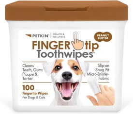 Petkin Fingertip Tooth Wipes for Dogs and Cats, 100 Finger Wipes - Slip-On, Snug Fit, Micro-Bristle Fabric - Cleans Teeth, Gums, Plaque & Tartar - Convenient, Ideal for Home and Travel - Peanut Butter