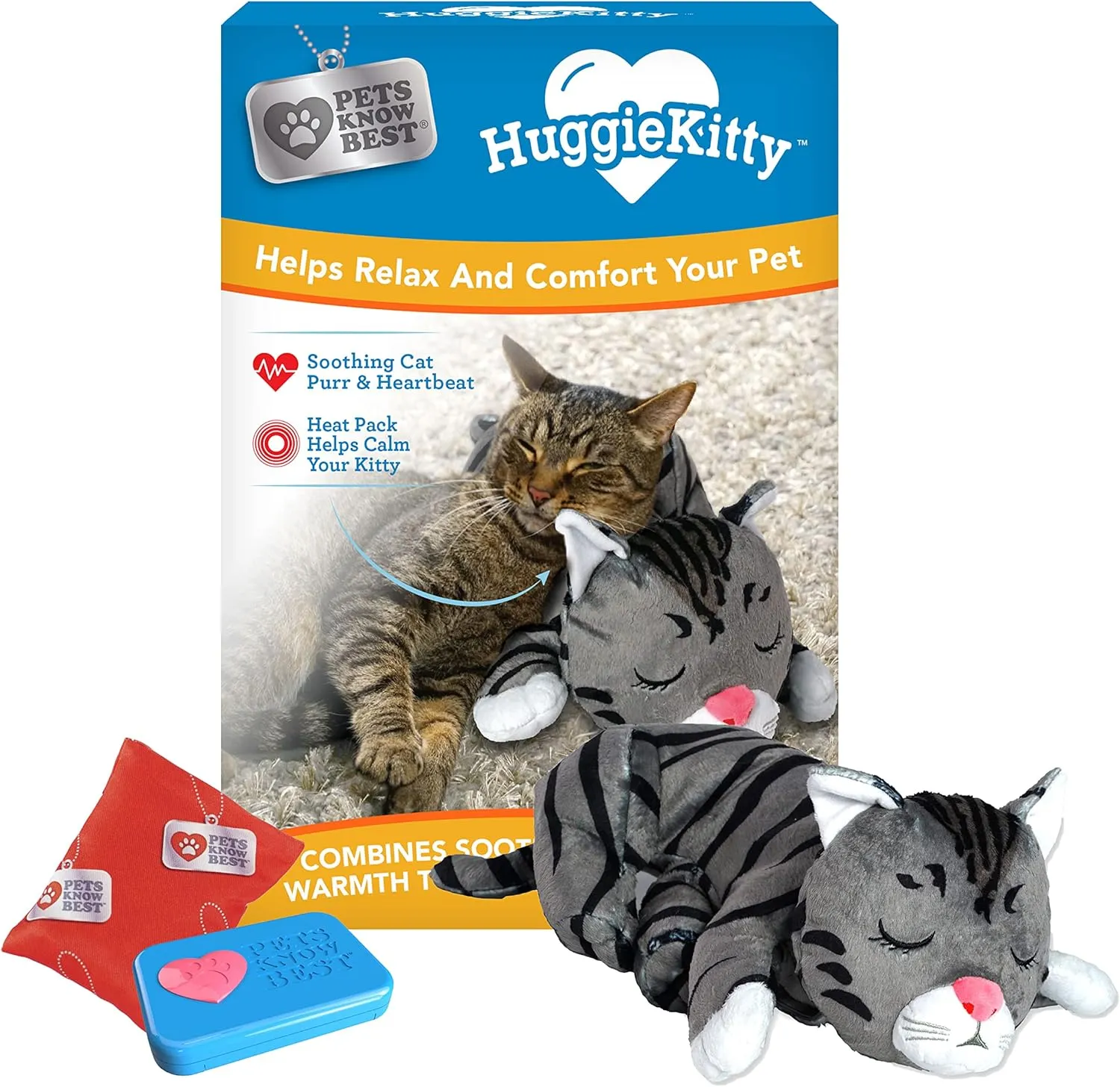 Pets Know Best HuggieKitty Cuddly Cat Toy, Soothing Sound & Warmth Help Relax & Comfort Your Pet- Purr & Heartbeat, Heating Pack- Grey