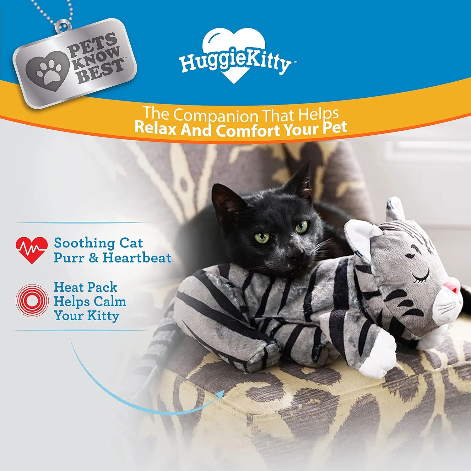 Pets Know Best HuggieKitty Cuddly Cat Toy, Soothing Sound & Warmth Help Relax & Comfort Your Pet- Purr & Heartbeat, Heating Pack- Grey