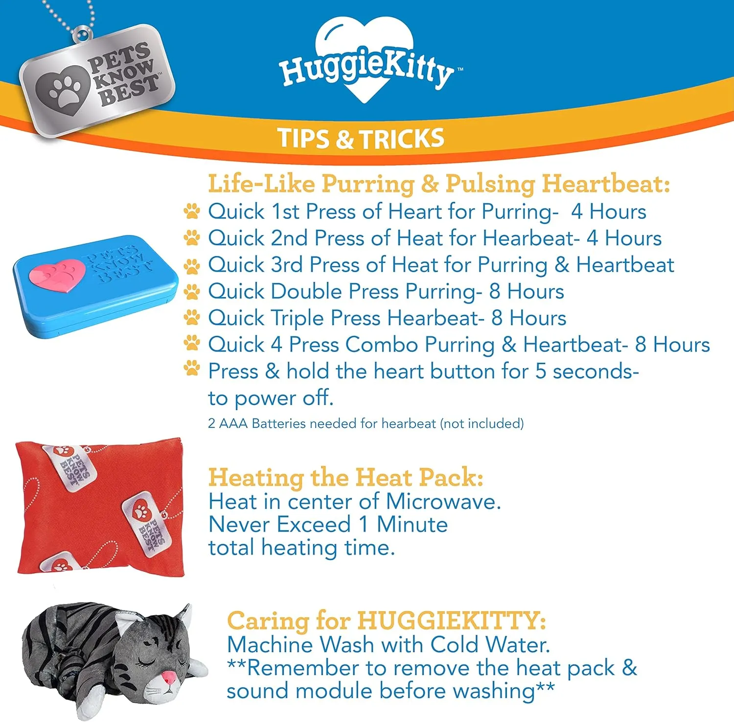 Pets Know Best HuggieKitty Cuddly Cat Toy, Soothing Sound & Warmth Help Relax & Comfort Your Pet- Purr & Heartbeat, Heating Pack- Grey