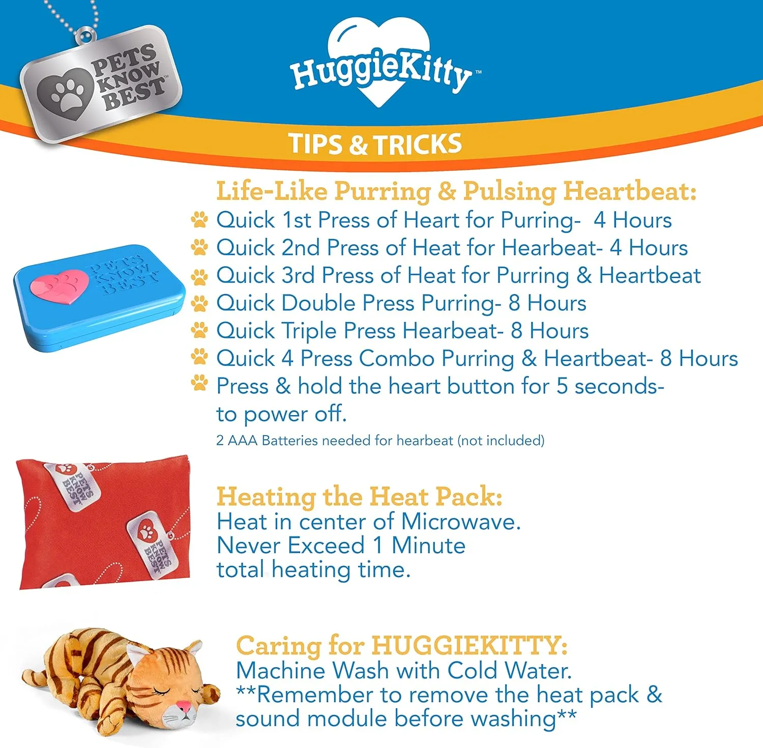 Pets Know Best HuggieKitty Cuddly Cat Toy, Soothing Sound & Warmth Help Relax & Comfort Your Pet- Purr & Heartbeat, Heating Pack- Orange