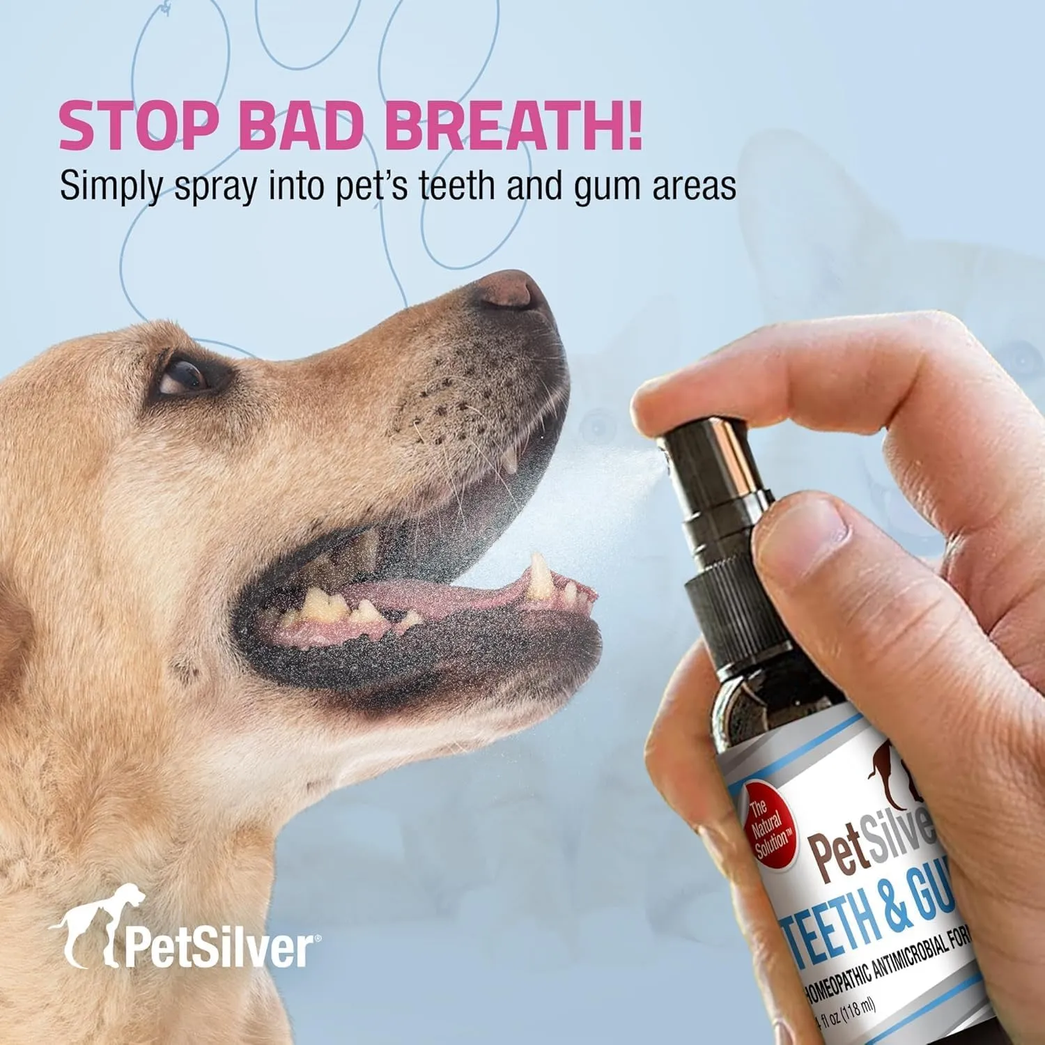 PetSilver Teeth & Gum Spray - Dog Dental & Teeth Cleaning Spray for Plaque & Tartar Build-Up Reduction - Natural Breath Freshener for Dogs & Cats - Patented Chelated Silver - Made in USA - 4oz, 2-Pack