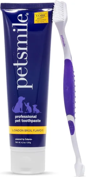 Petsmile Professional Pet Teeth Brushing Kit for Cats & Dogs- Only VOHC Accepted Toothpaste & Patented Toothbrush - Proven to Control Plaque & Tartar Calprox Formula (London Broil, 4.2 Oz)