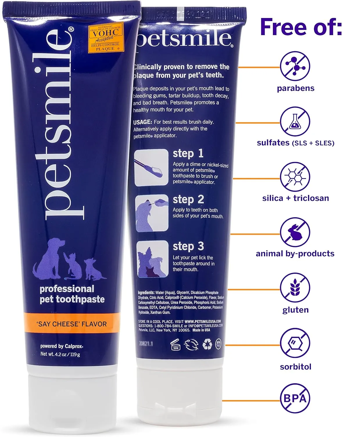 Petsmile Professional Pet Teeth Brushing Kit for Cats & Dogs - Only VOHC Accepted Toothpaste & Patented Toothbrush - Proven to Control Plaque & Tartar Calprox Formula (Say Cheese, 4.2 Oz)