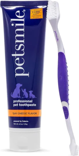 Petsmile Professional Pet Teeth Brushing Kit for Cats & Dogs - Only VOHC Accepted Toothpaste & Patented Toothbrush - Proven to Control Plaque & Tartar Calprox Formula (Say Cheese, 4.2 Oz)