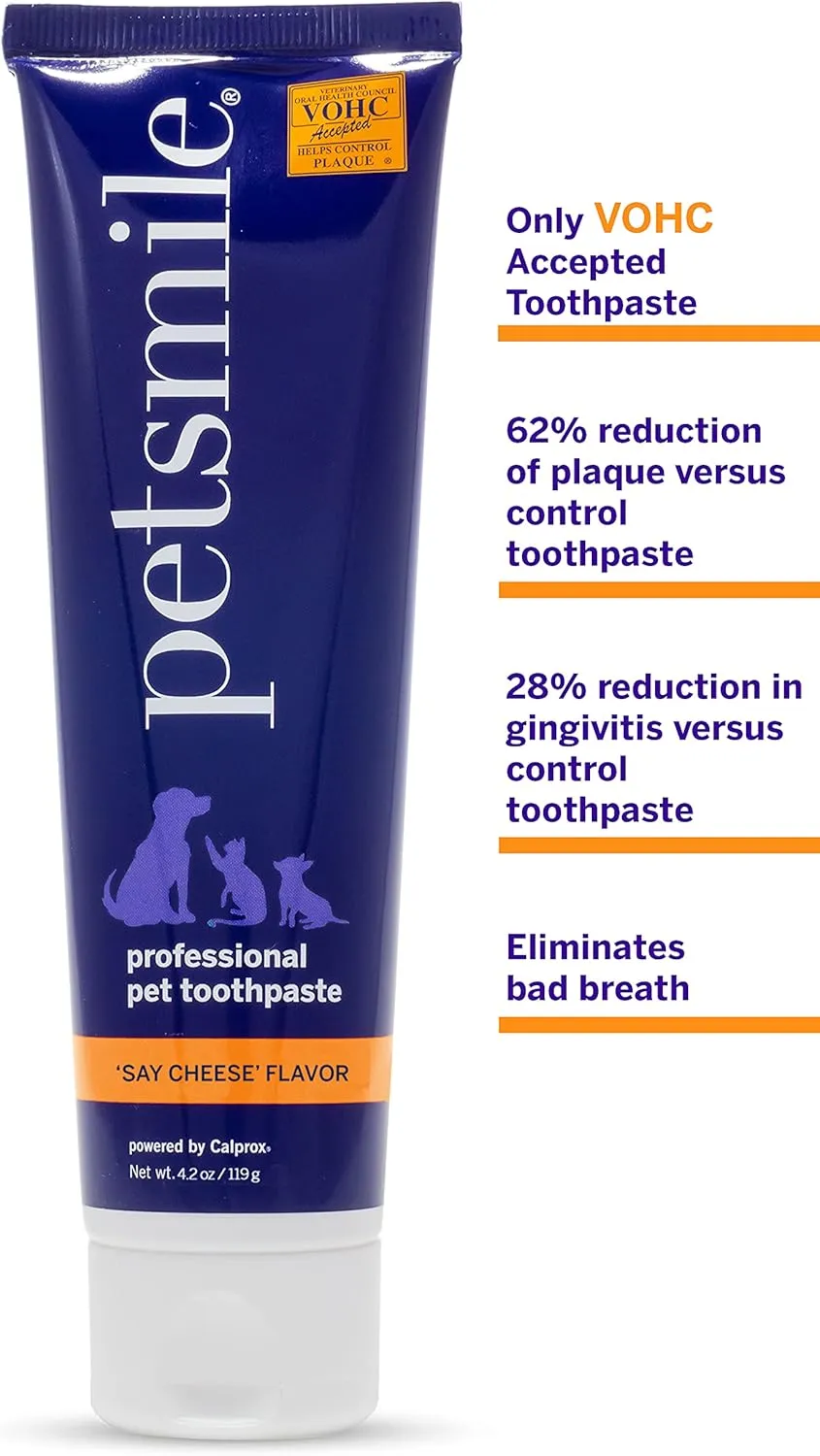 Petsmile Professional Pet Teeth Brushing Kit for Cats & Dogs - Only VOHC Accepted Toothpaste & Patented Toothbrush - Proven to Control Plaque & Tartar Calprox Formula (Say Cheese, 4.2 Oz)