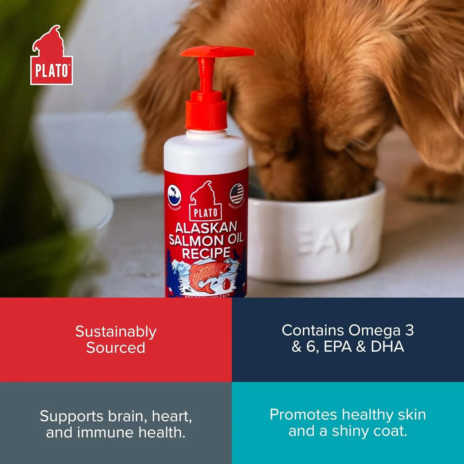 PLATO Wild Alaskan Salmon Oil Kibble Topper - Boost Dog Food with Omega 3 & 6 Fatty Acids - For Healthy Skin & Coat - 8 ounces