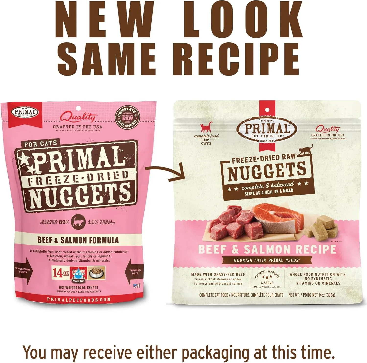 Primal Freeze Dried Raw Cat Food Nuggets Beef & Salmon, Complete & Balanced Meal or Topper, Premium, Healthy, Grain Free, High Protein Raw Cat Food with Probiotics (14 oz)