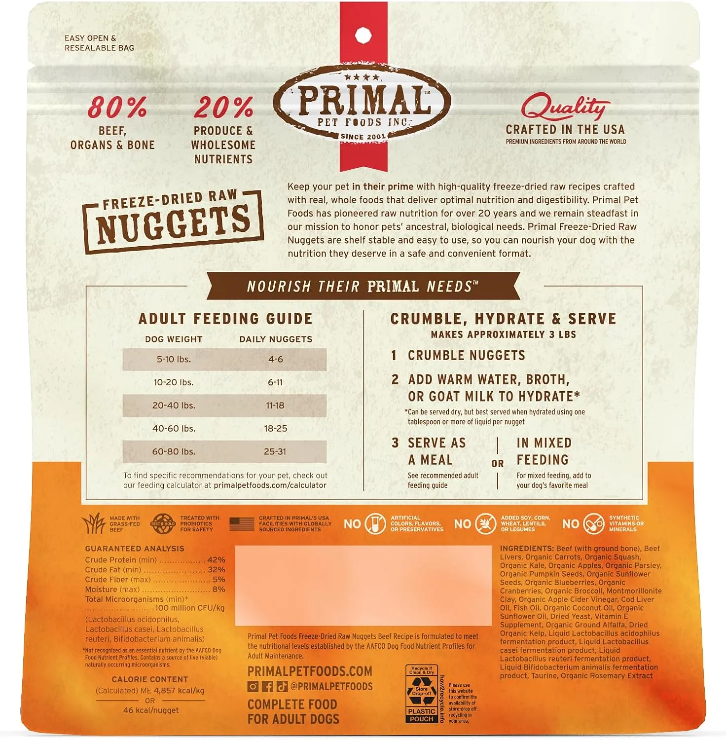Primal Freeze Dried Raw Dog Food Nuggets, Beef, Complete & Balanced Meal, Also Use as Topper or Treat, Premium, Healthy, Grain Free, High Protein Raw Dog Food, 14 oz