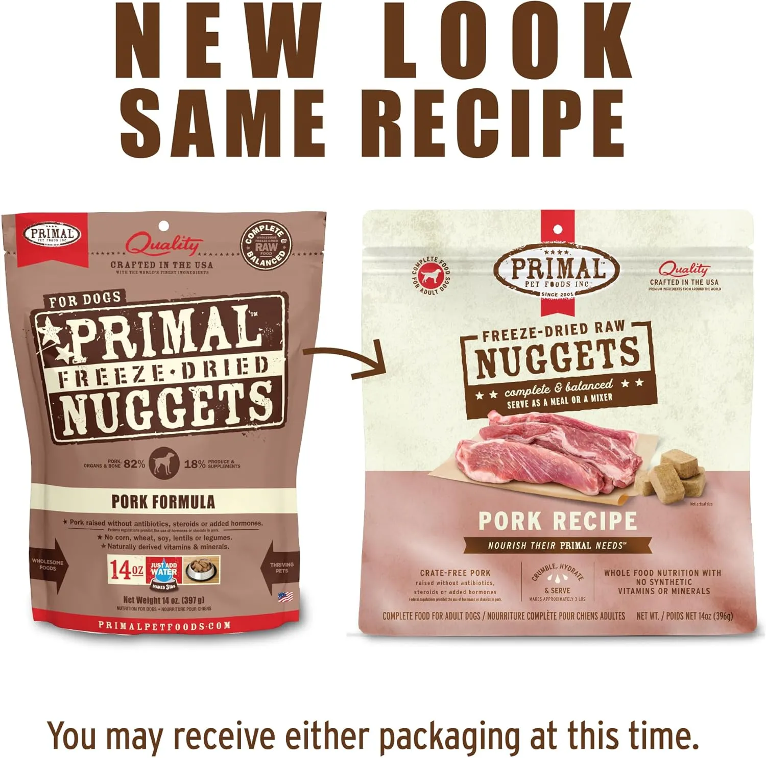 Primal Freeze Dried Raw Dog Food Nuggets, Pork, Complete & Balanced Meal, Also Use as Topper or Treat, Premium, Healthy, Grain Free, High Protein Raw Dog Food, 14 oz (Pack of 2)