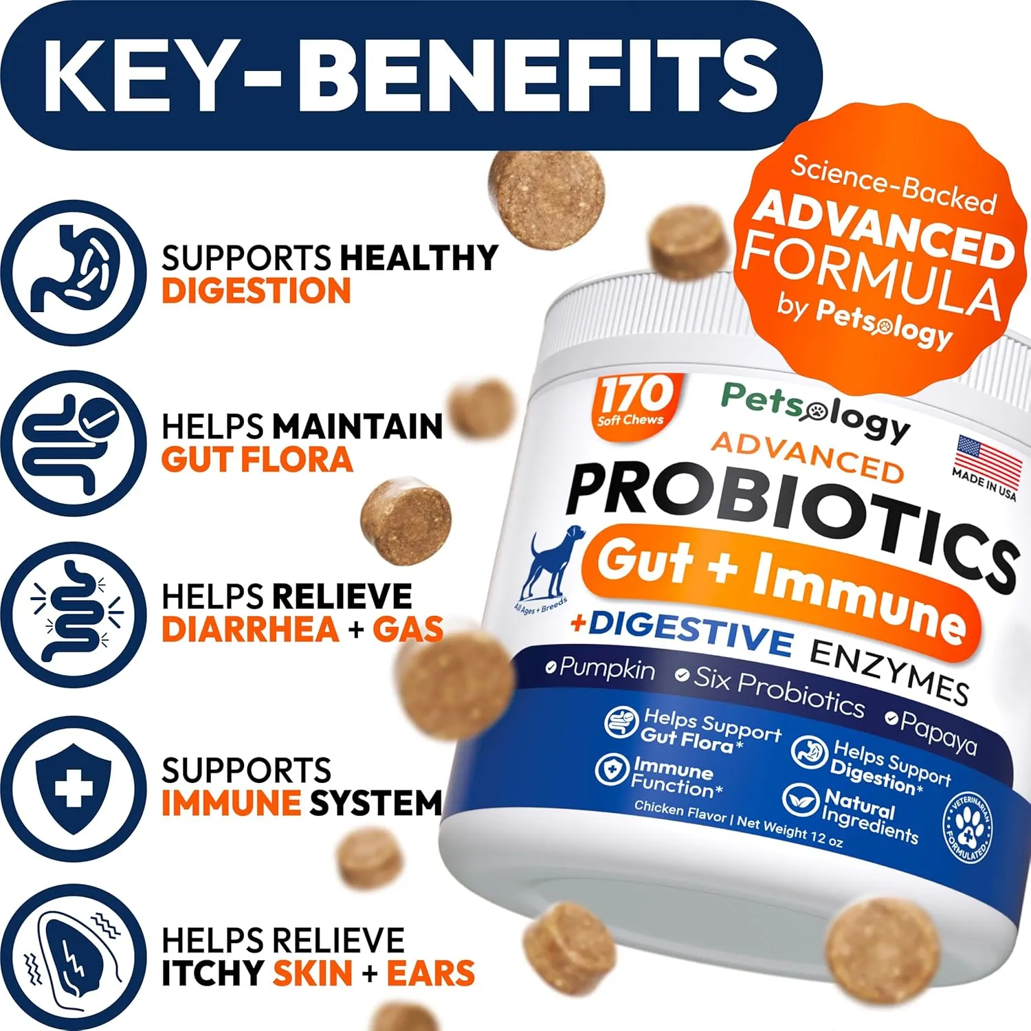Probiotics for Dogs - 170 Dog Probiotics Chews - Digestive Enzymes & Prebiotics - Support Gut Health, Diarrhea, Gas & Constipation Relief - Itchy Skin, Allergies, Yeast Balance - Pet Supplement