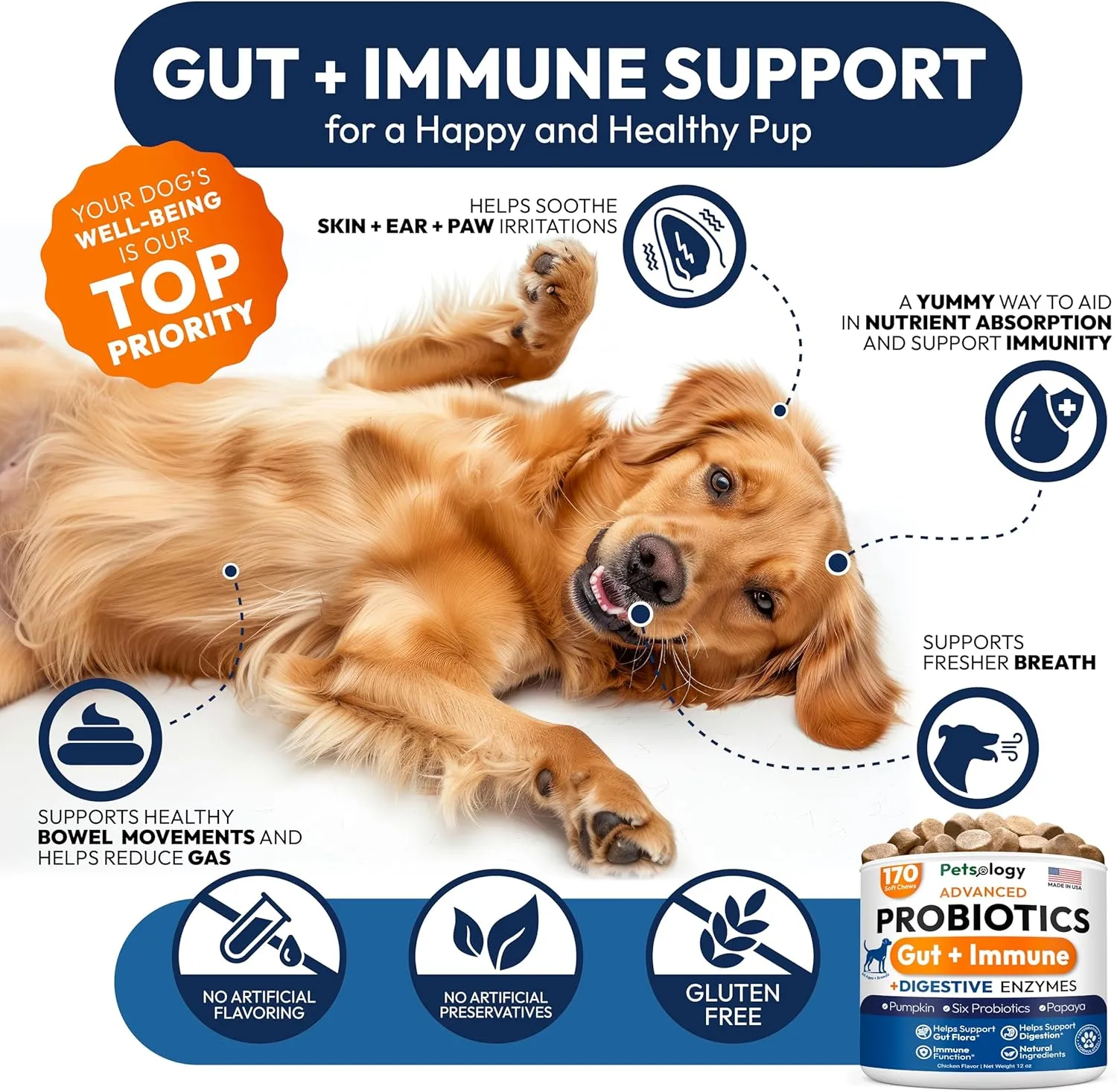 Probiotics for Dogs - 170 Dog Probiotics Chews - Digestive Enzymes & Prebiotics - Support Gut Health, Diarrhea, Gas & Constipation Relief - Itchy Skin, Allergies, Yeast Balance - Pet Supplement