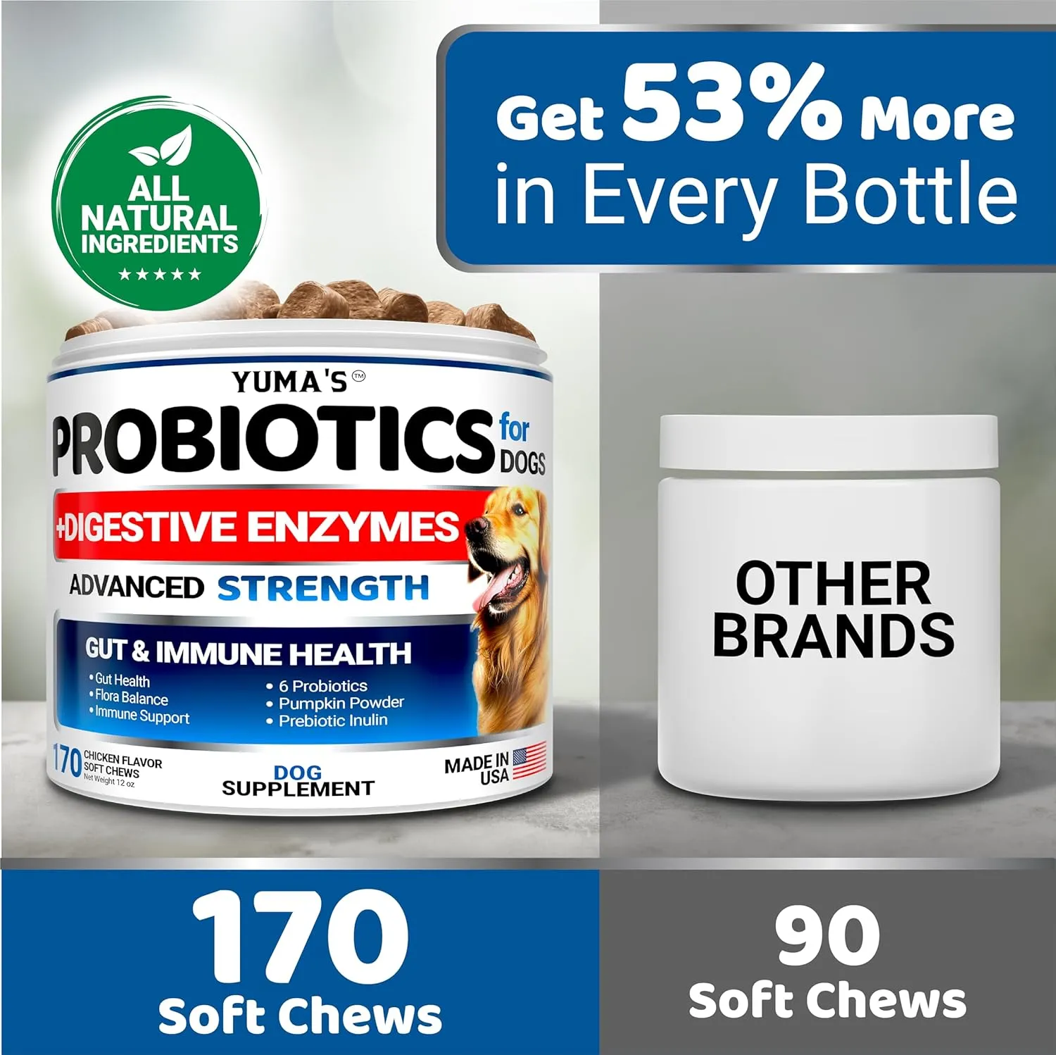 Probiotics for Dogs and Digestive Enzymes - 170 Dog Probiotics Chews - Dog Probiotic - Anti Diarrhea, Upset Stomach & Gas Relief, Constipation, Canine Prebiotic - Pet Fiber Supplement - Gut Health