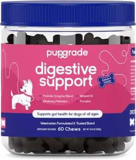 PupGrade Digestive Support Chews for Dogs - Prebiotic and Probiotic Supplement with Enzyme Blend - Upset Stomach, Diarrhea, Bowel, and Immune Support - Pumpkin, Blueberry, Mineral Oil - 60 Soft Chews