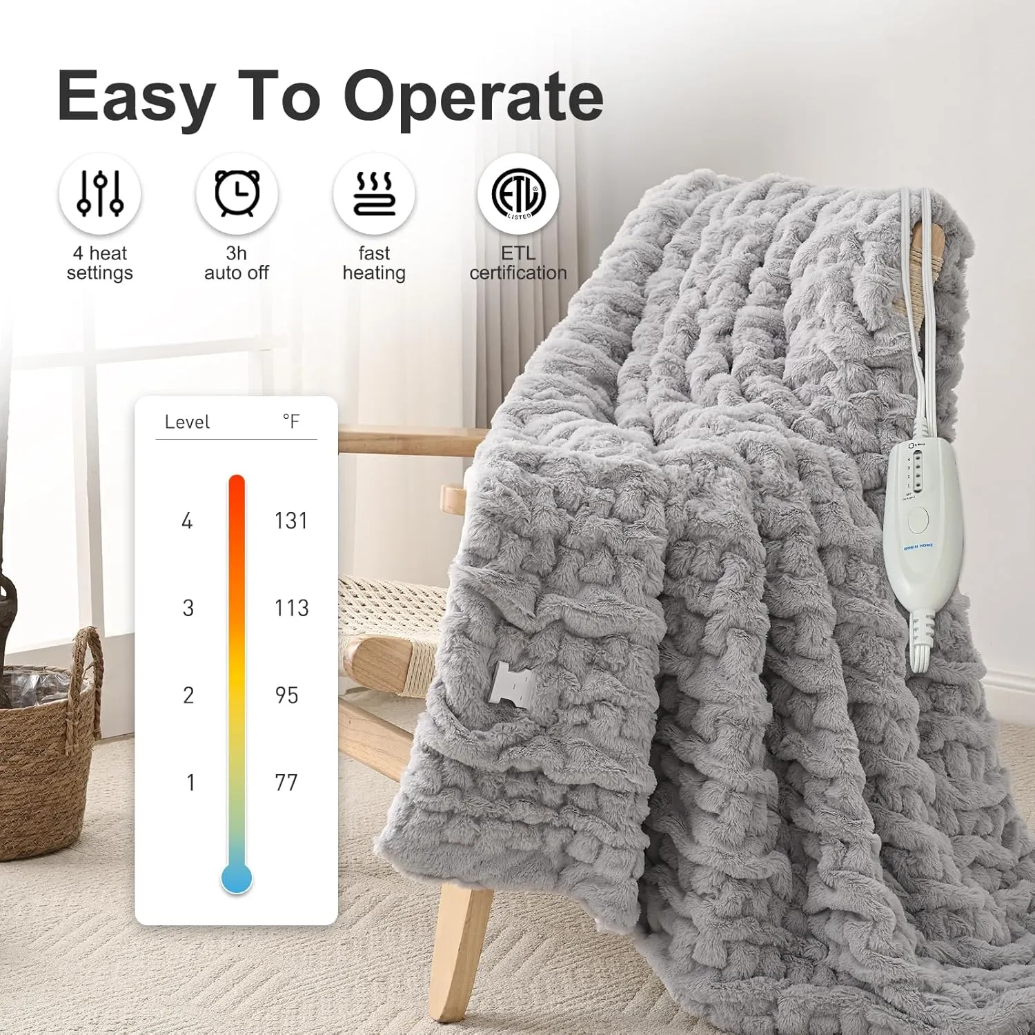 RHEIN HOME Electric Heated Blanket Queen 84"x 90", Soft Plush Faux Fur&Flannel, Fast Heating Blanket with 4 Heating Levels & 10H Auto Off, Machine Washable, Overheat Protection ETL Certified (Gray)
