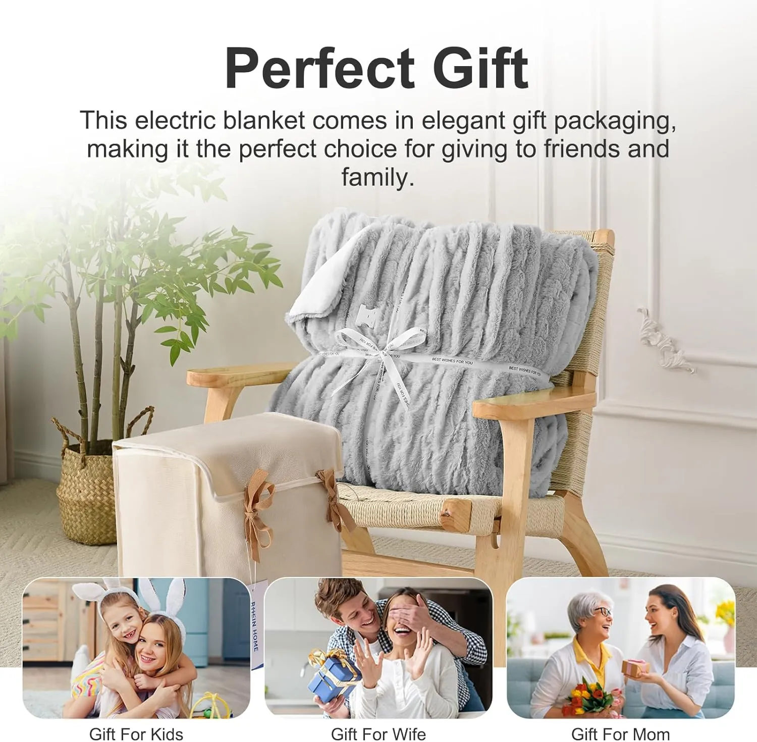 RHEIN HOME Electric Heated Blanket Queen 84"x 90", Soft Plush Faux Fur&Flannel, Fast Heating Blanket with 4 Heating Levels & 10H Auto Off, Machine Washable, Overheat Protection ETL Certified (Gray)