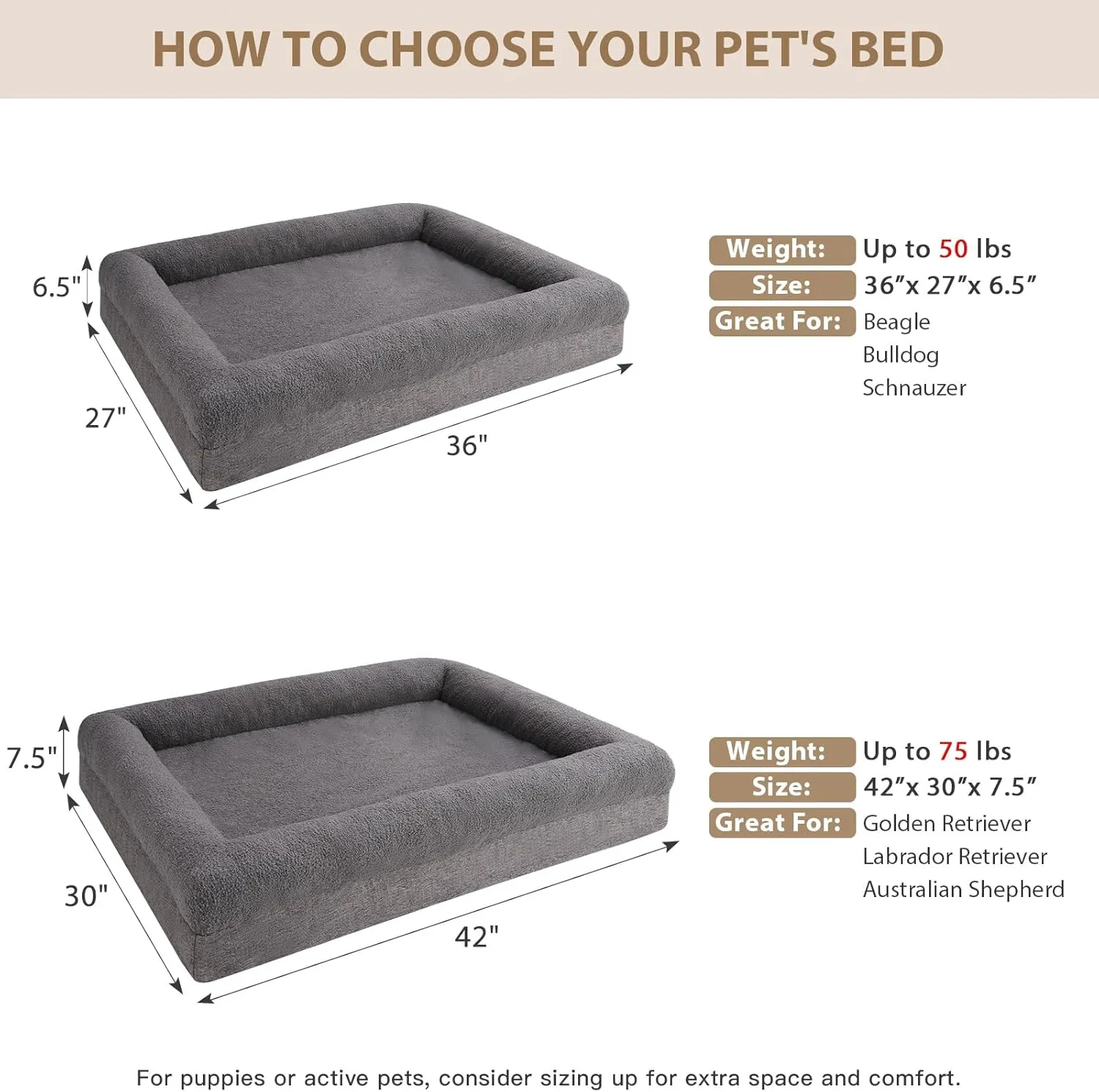 RRPETHOME Washable Dog Beds Large Sized Dog Couch, Extra Large Orthopedic Dogs Beds with Removable Cover, Waterproof Pet Bed with Bolsters, Pet Sofa Bed with Non Slip Bottom, Large, Grey