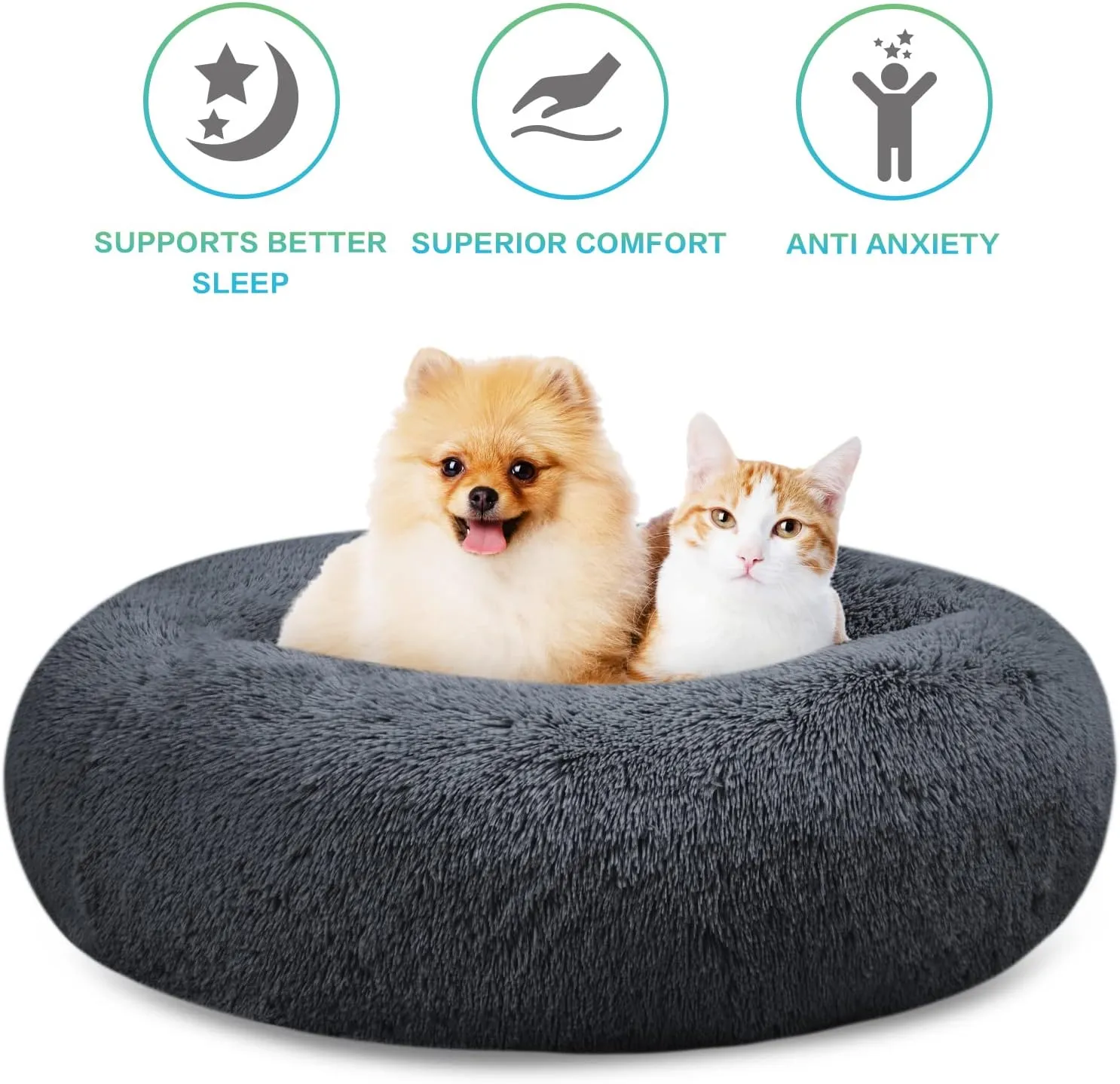 SAVFOX Plush Calming Donut Dog Beds for Small Dogs, Medium, Large & X-Large Breeds, Comfy Cuddler Dog Bed and Cat Bed in Faux Fur, Washable, Multiple Sizes S-XXL