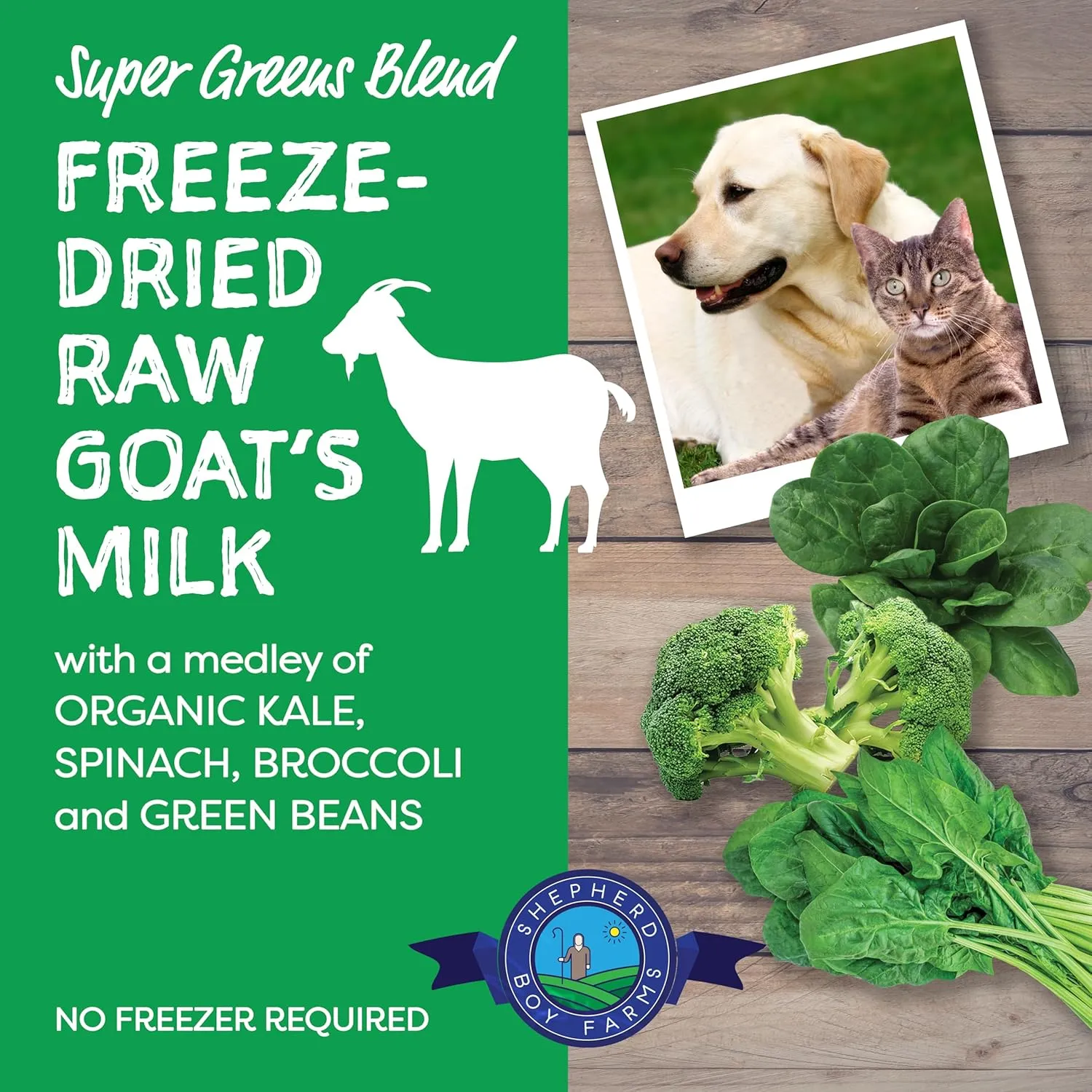 Shepherd Boy Farms Freeze Dried Raw Goats Milk with Probiotics for Dogs & Cats (Super Greens), Organic USA Veggies & Fruits, High Protein, Digestible Goat Milk Powder, Food Toppers - Makes 16 FL OZ
