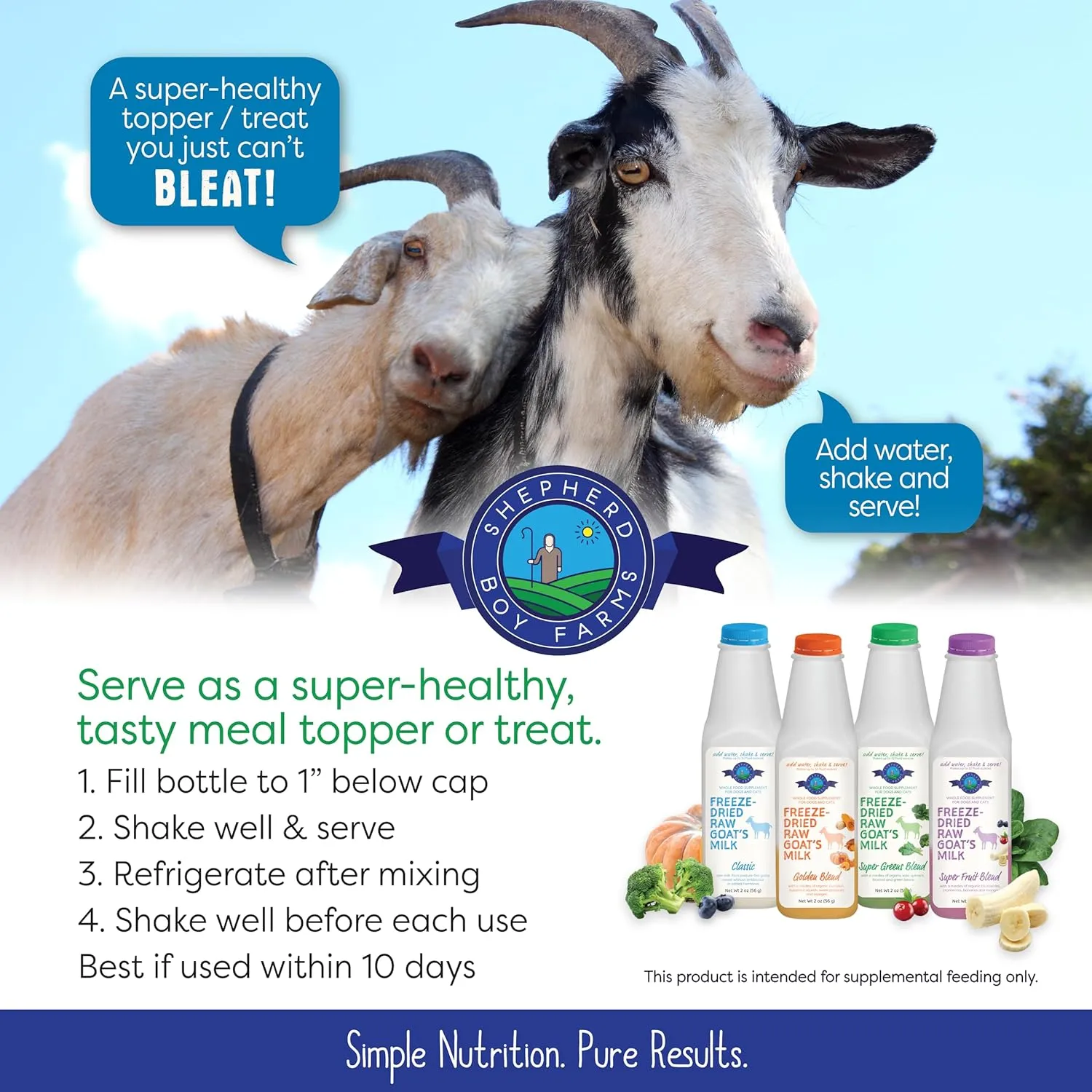 Shepherd Boy Farms Freeze Dried Raw Goats Milk with Probiotics for Dogs & Cats (Super Greens), Organic USA Veggies & Fruits, High Protein, Digestible Goat Milk Powder, Food Toppers - Makes 16 FL OZ