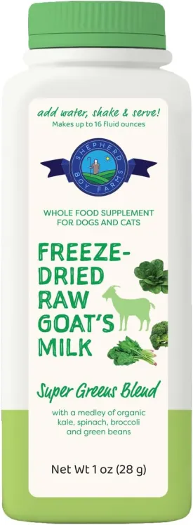 Shepherd Boy Farms Freeze Dried Raw Goats Milk with Probiotics for Dogs & Cats (Super Greens), Organic USA Veggies & Fruits, High Protein, Digestible Goat Milk Powder, Food Toppers - Makes 16 FL OZ