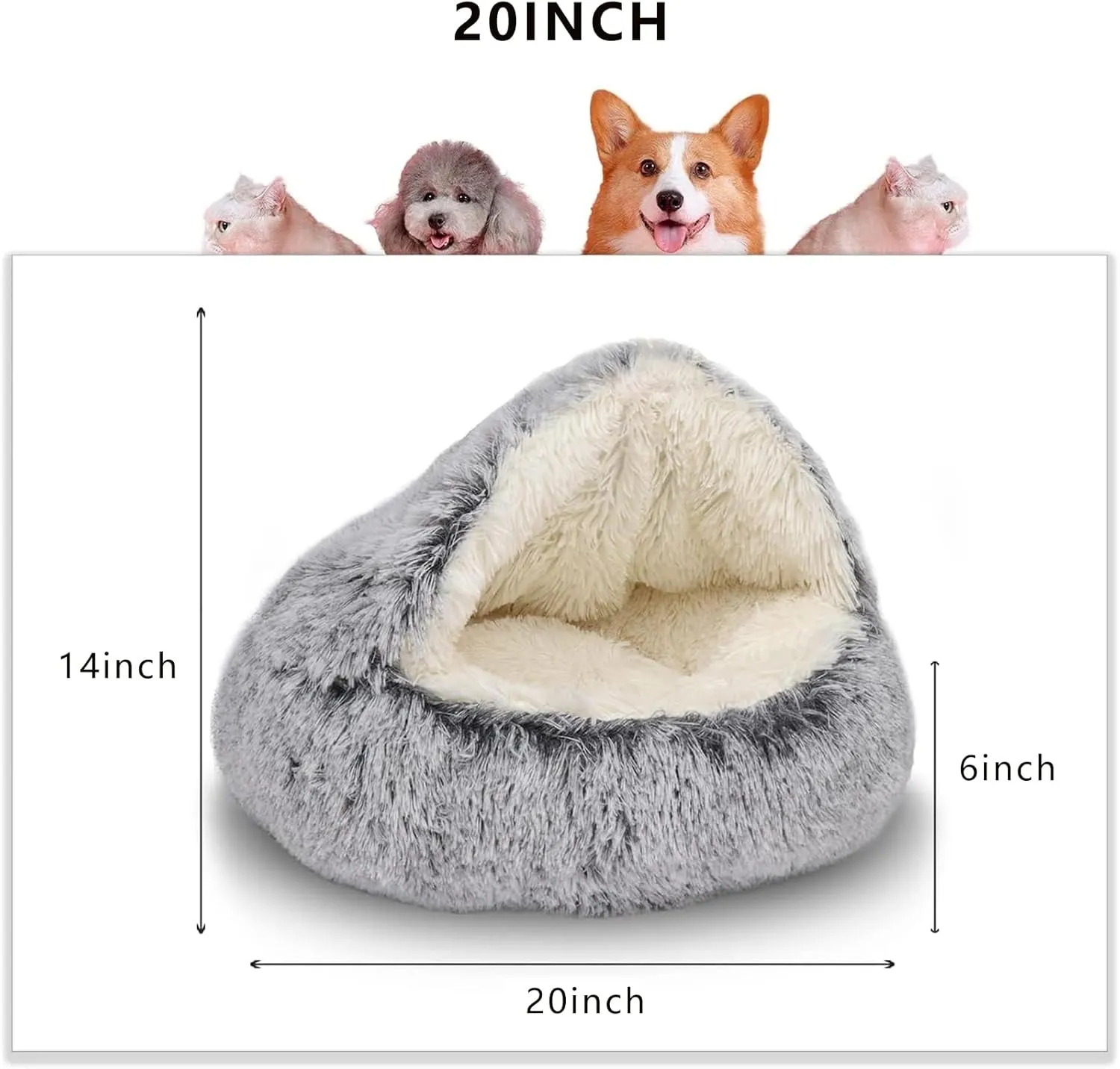 ShinHye Cat Bed Round Plush Fluffy Hooded Cat Bed Cave, Cozy for Indoor Cats or Small Dog beds, Soothing Pet Beds Doughnut Calm Anti-nxiety Dog Bed - Waterproof Bottom Washable (2020inch, Grey)