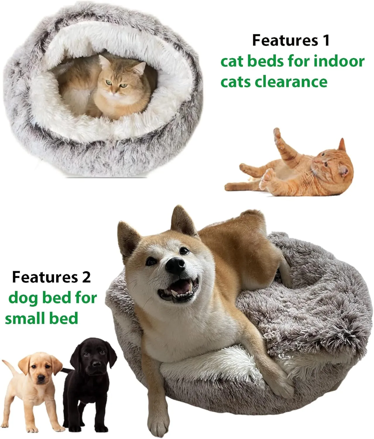 ShinHye Cat Bed Round Plush Fluffy Hooded Cat Bed Cave, Cozy for Indoor Cats or Small Dog beds, Soothing Pet Beds Doughnut Calm Anti-nxiety Dog Bed - Waterproof Bottom Washable (2020inch, Grey)