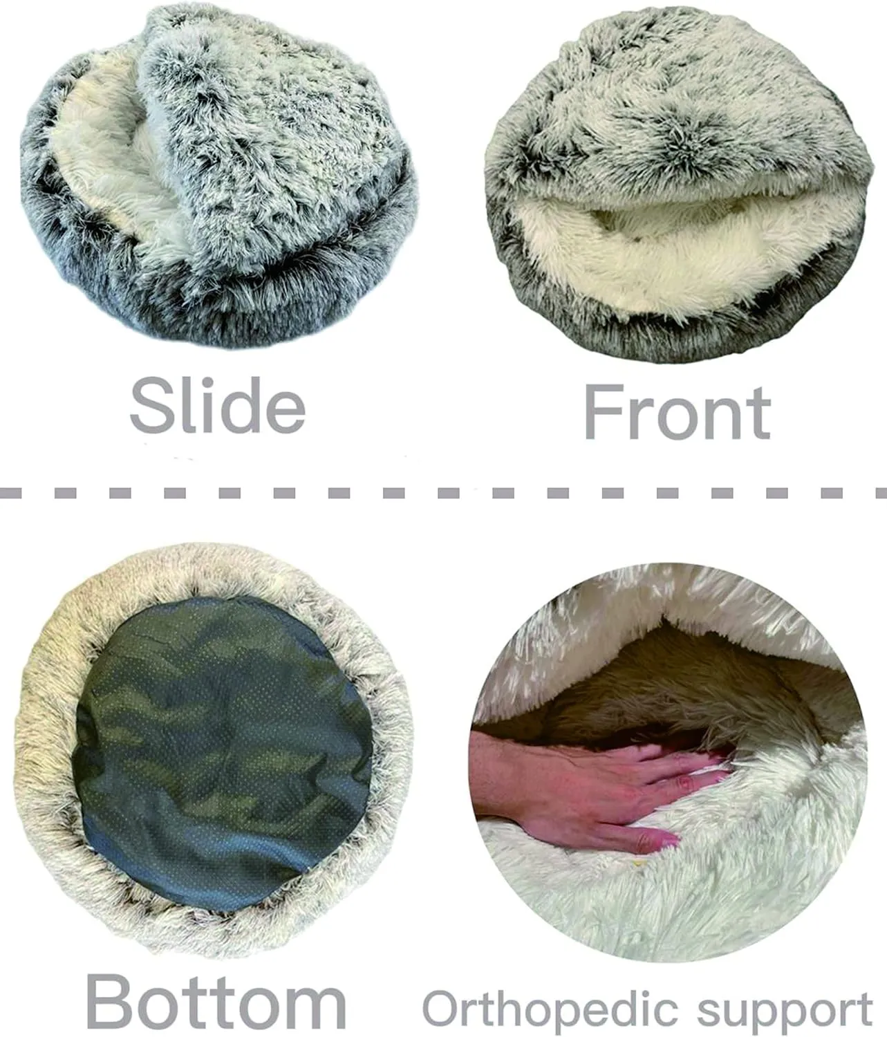 ShinHye Cat Bed Round Plush Fluffy Hooded Cat Bed Cave, Cozy for Indoor Cats or Small Dog beds, Soothing Pet Beds Doughnut Calm Anti-nxiety Dog Bed - Waterproof Bottom Washable (2020inch, Grey)