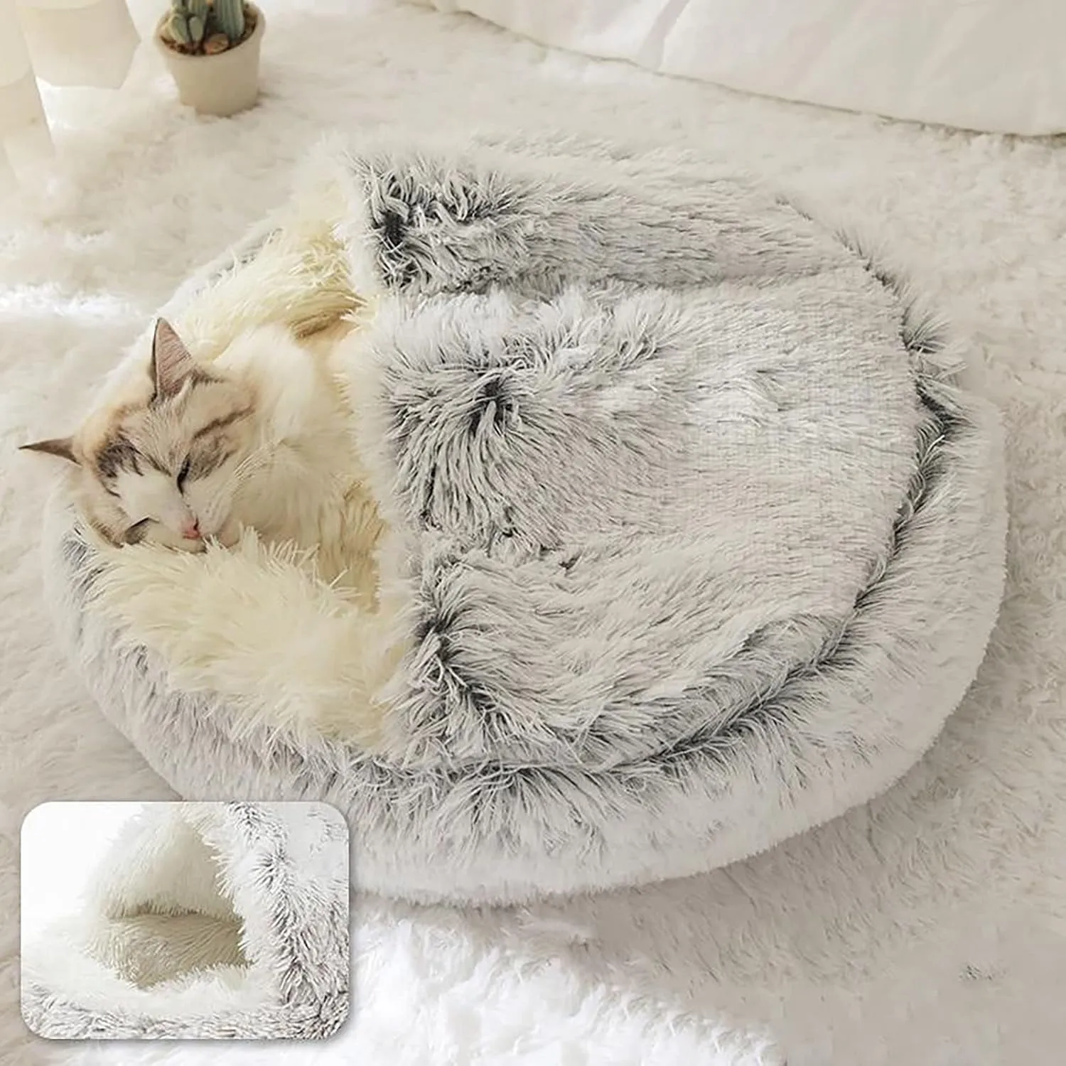 ShinHye Cat Bed Round Plush Fluffy Hooded Cat Bed Cave, Cozy for Indoor Cats or Small Dog beds, Soothing Pet Beds Doughnut Calm Anti-nxiety Dog Bed - Waterproof Bottom Washable (2020inch, Grey)