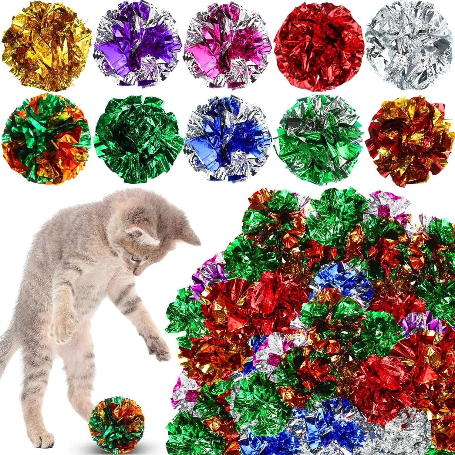 Silkfly 100 Pcs Polyester Film Crinkle Balls Cat Interactive Toys 2.36 Inch Colorful Chew and Chase Cat Ball Toys Attract Kittens for Indoor Keep Fit Active