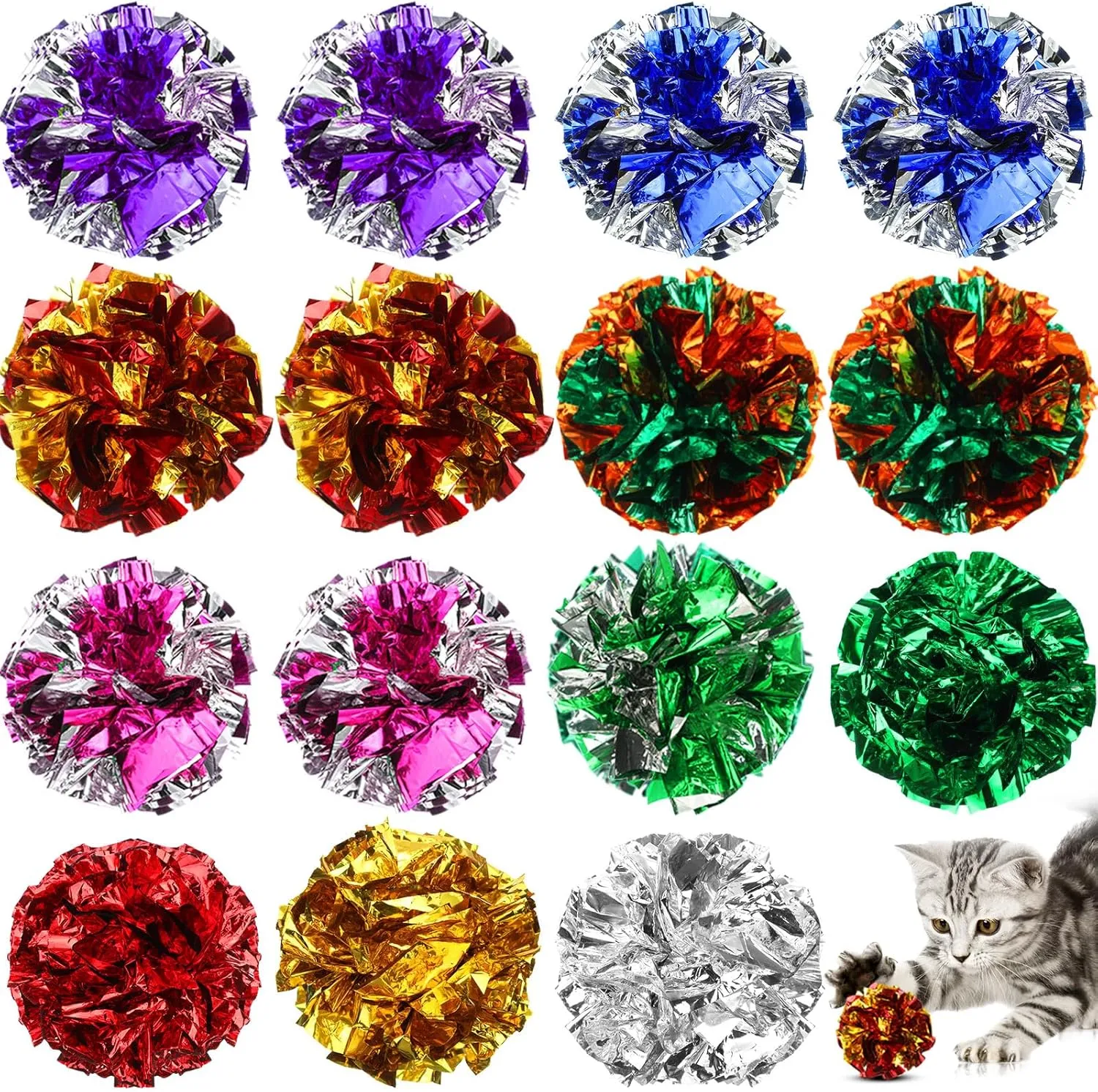 Silkfly 15 Pcs Polyester Film Crinkle Balls Cat Toys 2.36" Interactive Crinkle Ball, Colorful Balls Chew Toy for Cat Chase Ball Toys Attract Cats for Indoor Cats and Kittens to Keep Fit and Active