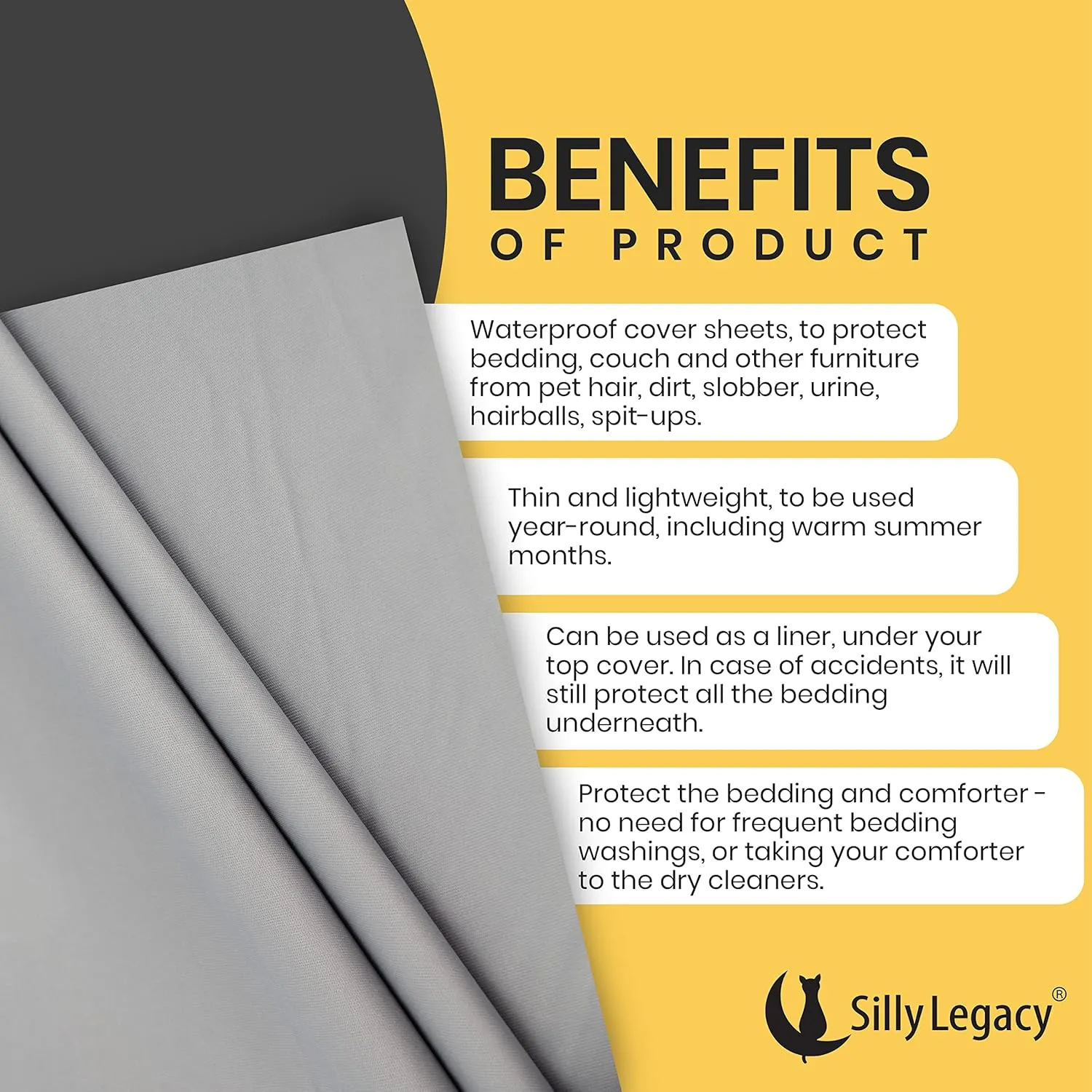 SILLY LEGACY Thin Reversible Waterproof Protective Cover or Liner for Bed or Couch, for Dogs and Cats, Babies; Incontinence, Dirt, Drool
