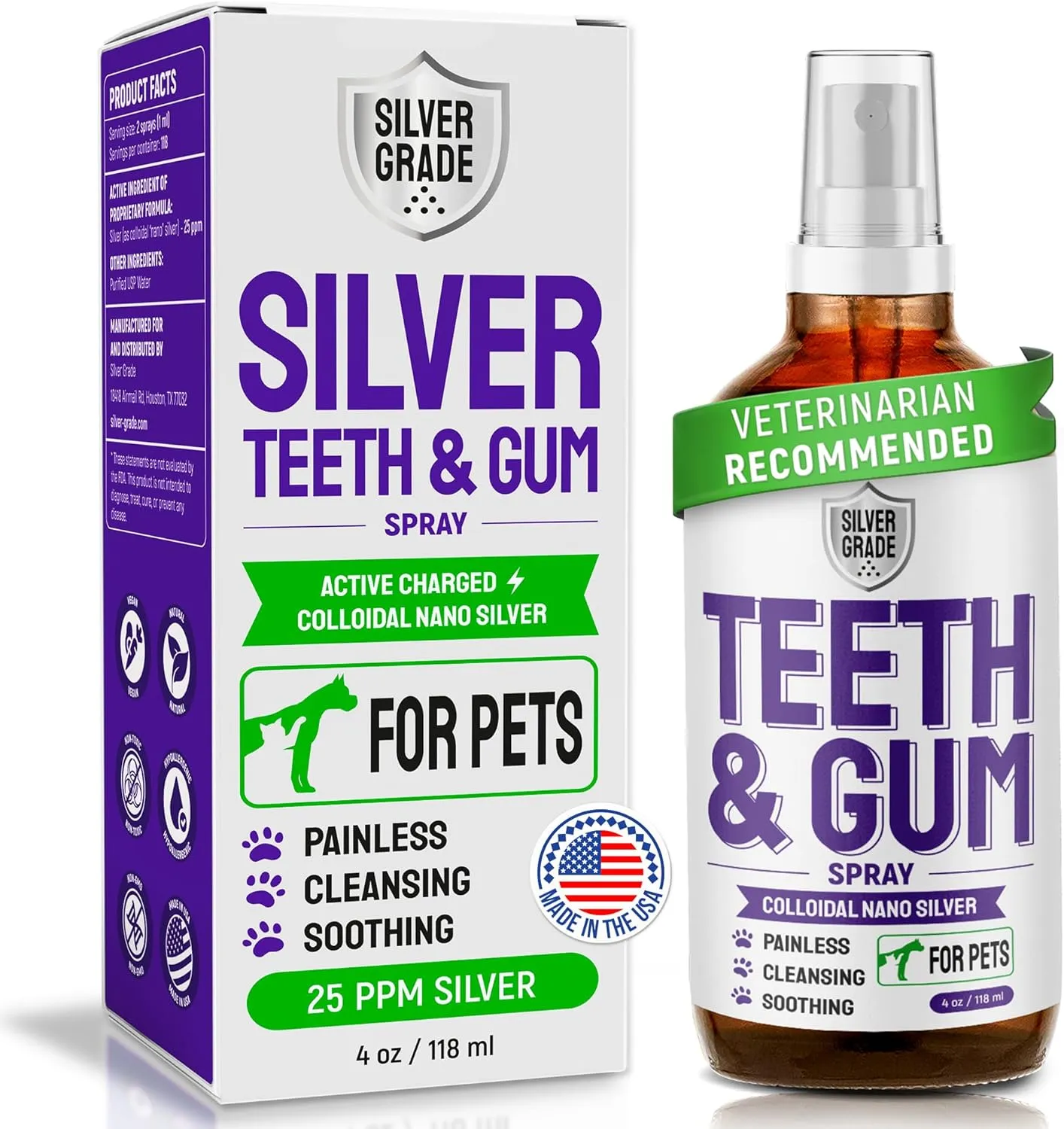 SILVER GRADE Teeth & Gum Spray for Pets  Dental Formula for Dog Mouth Rinse & Cat Mouth Care  Dog Fresh Breath, Clean Teeth, No Pain Or Burning  Plaque and Tartar Remover (4 Oz)