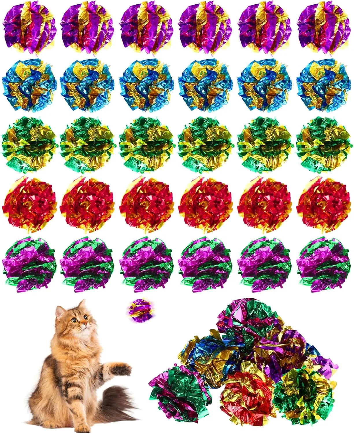 Sliverdew 30 Pack Cat Crinkle Balls 2.3 Inch Interactive Cat Ball Toys Bright Colors Cat Mylar Crinkle Balls for Indoor Cats to Keep Fit and Active