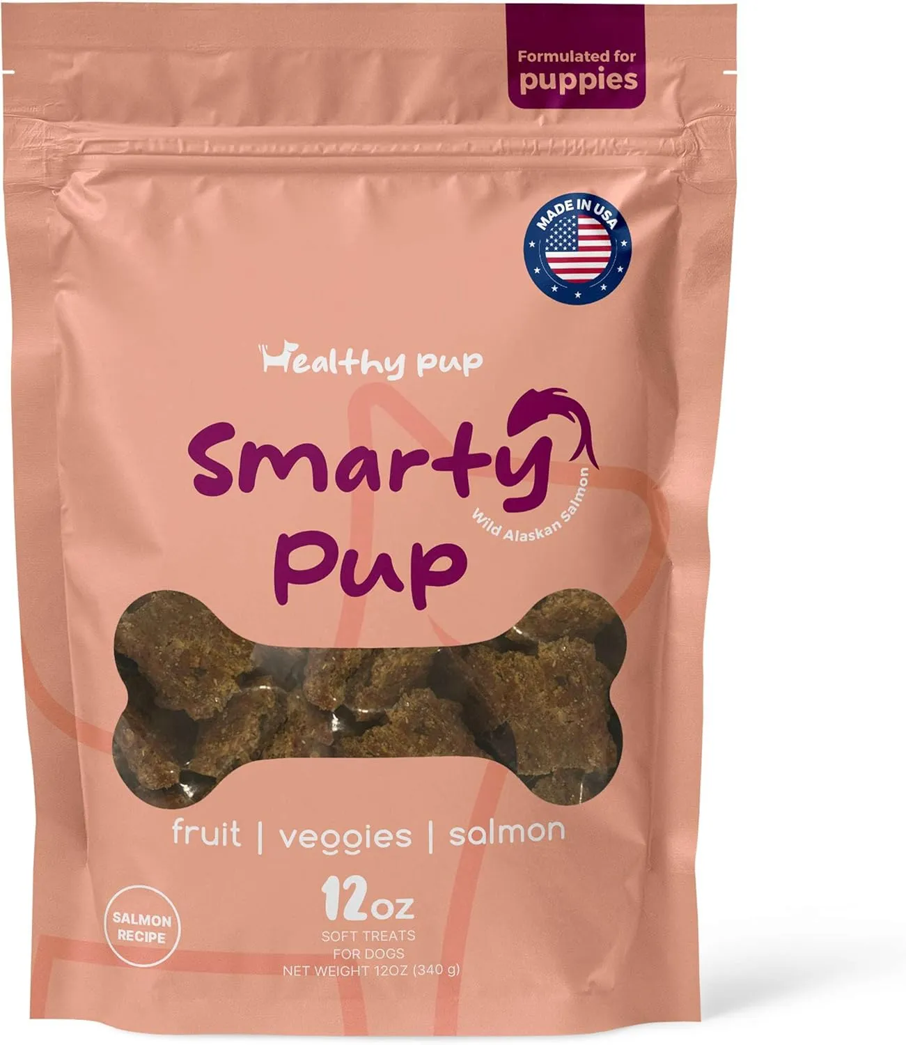 Smarty Pup Salmon Jerky - 12 oz of Fruit, Veggies, and Fish Dog Treats  Puppy Jerky Made with Apples, Carrots, Sweet Potato, Wild Alaskan Salmon, Blueberries, Cranberries, and More