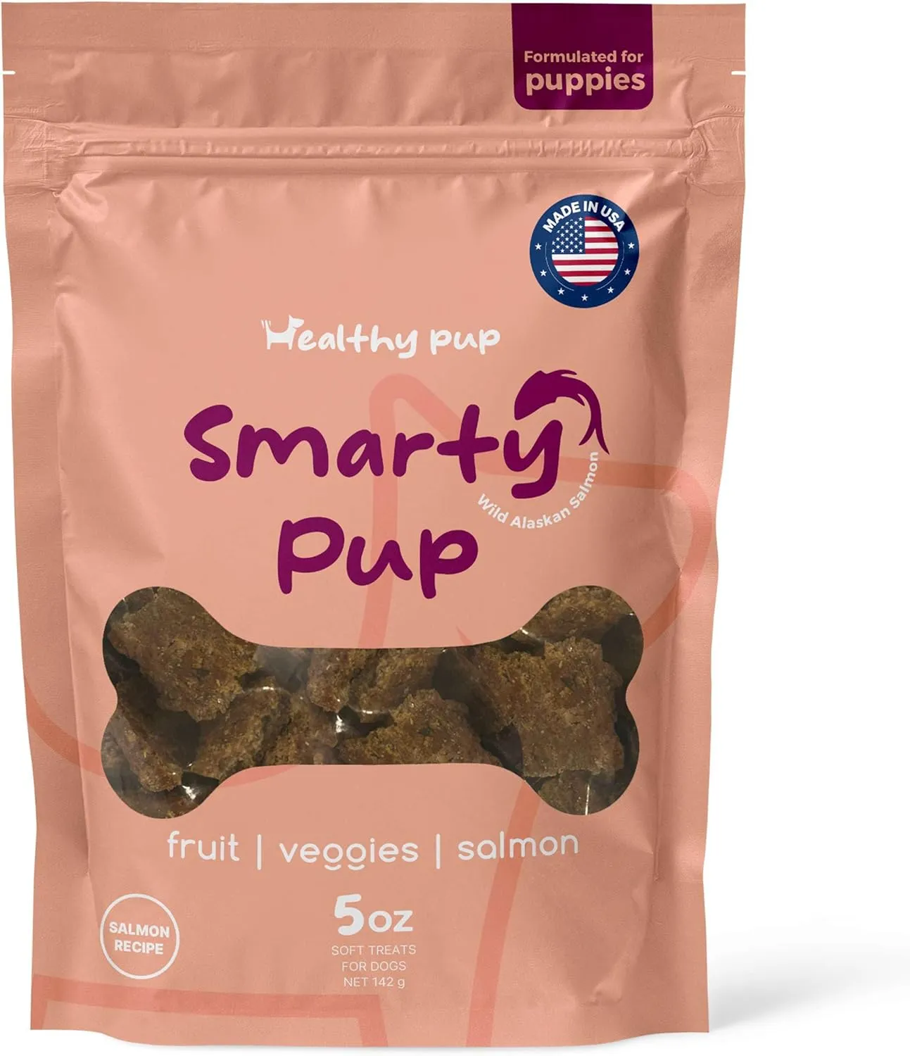 Smarty Pup Salmon Jerky - 5 oz of Fruit, Veggies, and Fish Dog Treats  Puppy Jerky Made with Apples, Carrots, Sweet Potato, Wild Alaskan Salmon, Blueberries, Cranberries, and More