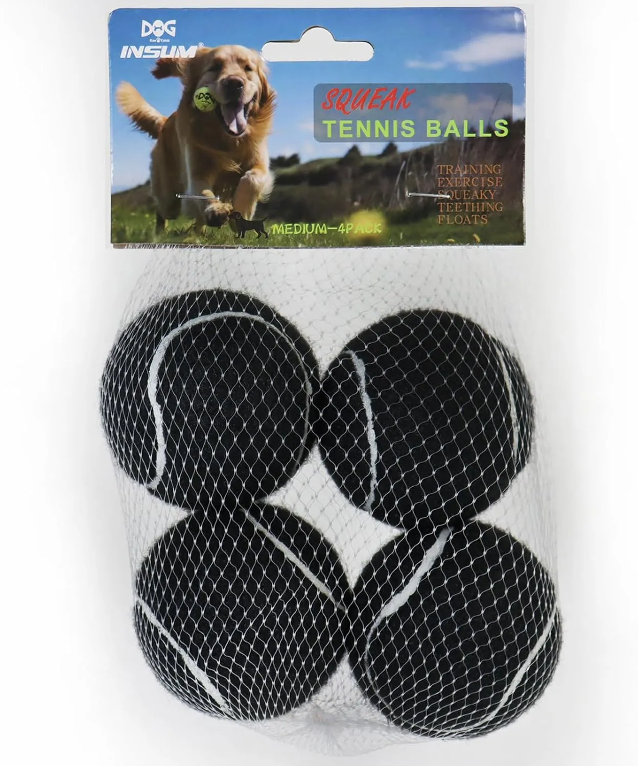 Squeaky Dog Balls - Squeaky Tennis Balls for Dogs, Black | Medium - 2.5'', 4Pack