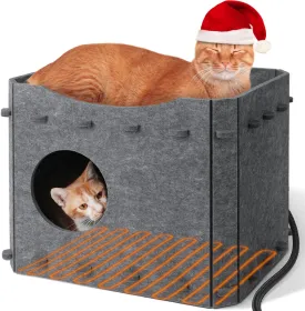 Sturdy Felt Cat Bed, Heated Indoor Cat House Up to 30lbs, Lightweight Easy to Clean, Large Cat Cave for Multiple Cats
